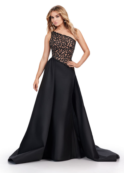 Veronica Gown | Black taffeta gown with beaded bodice and dramatic overskirt
