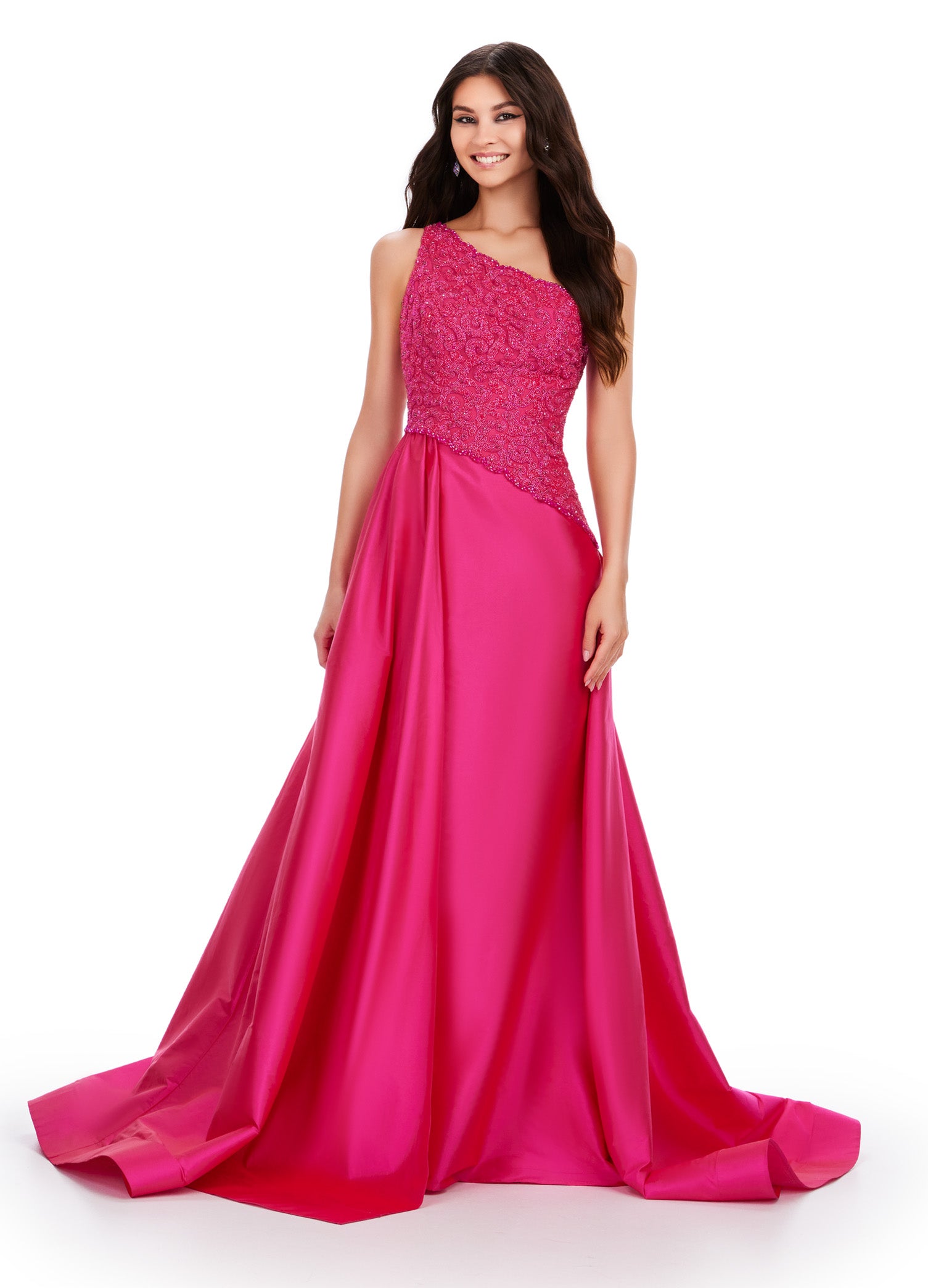 ASHLEYlauren_11456 Vibrant Fuchsia One-Shoulder Ball Gown with Beaded Bodice