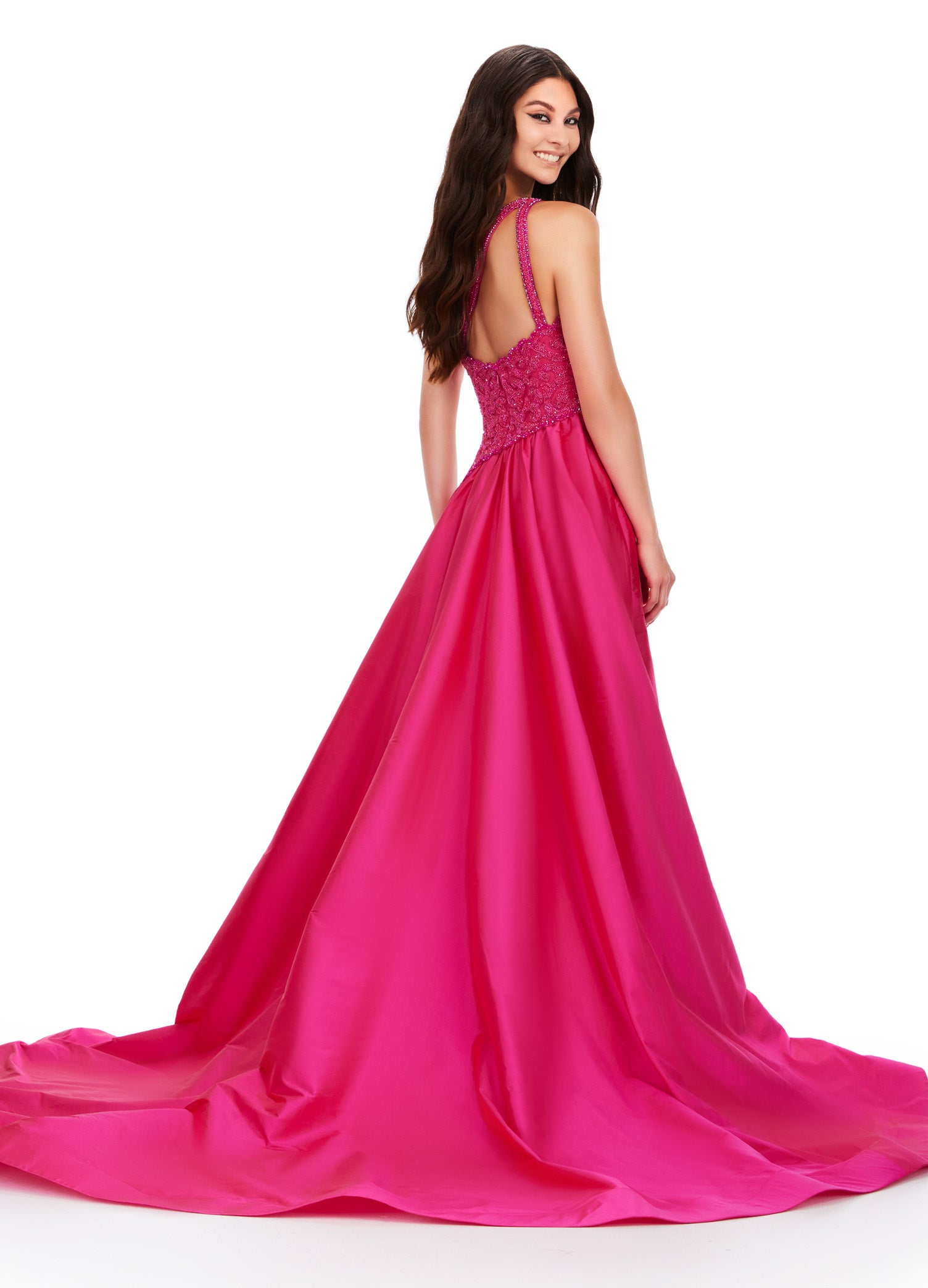 ASHLEYlauren_11456 Vibrant Fuchsia One-Shoulder Ball Gown with Beaded Bodice