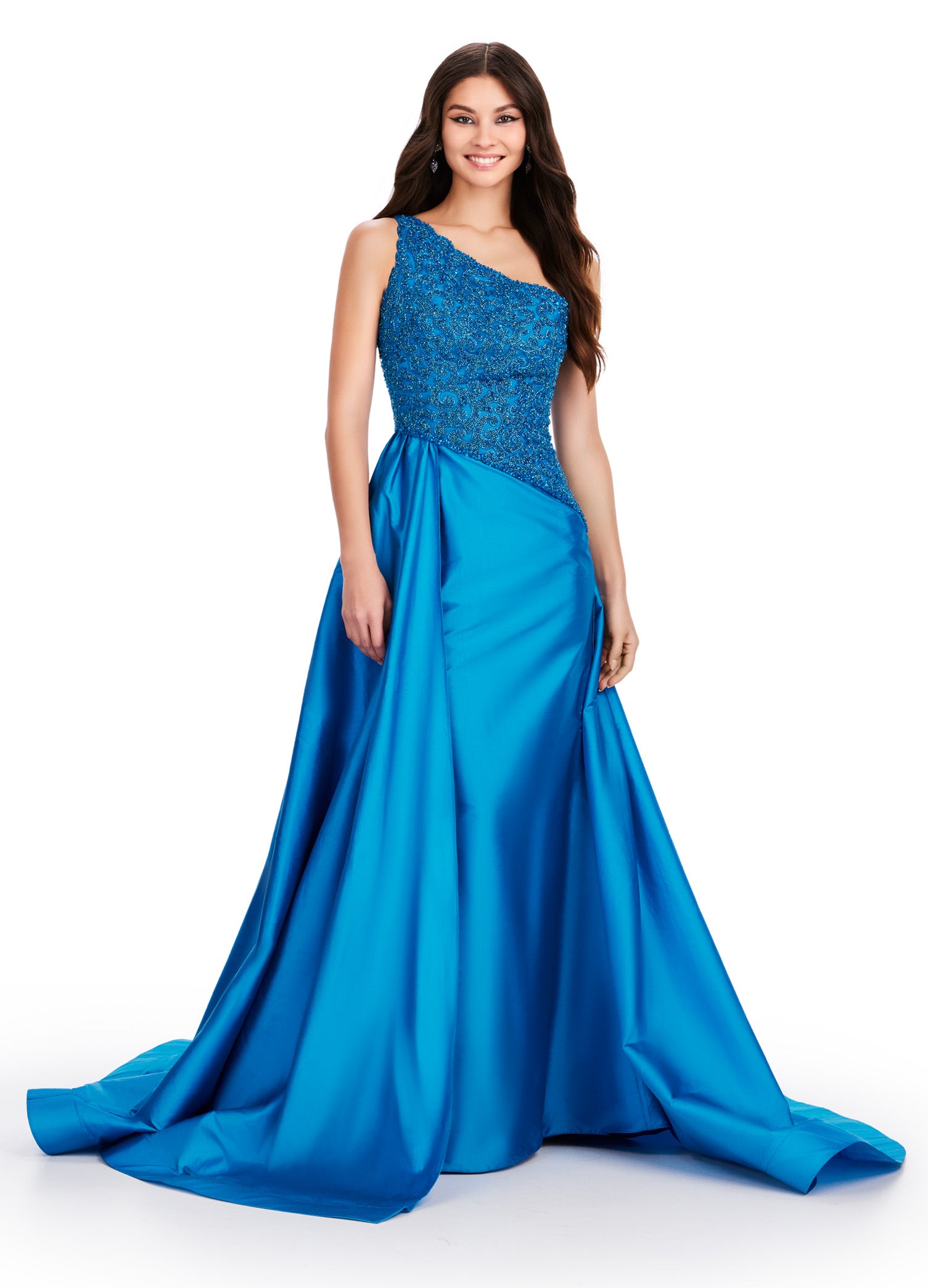 ASHLEYlauren_11456 Vibrant Blue One-Shoulder Ball Gown with Beaded Bodice