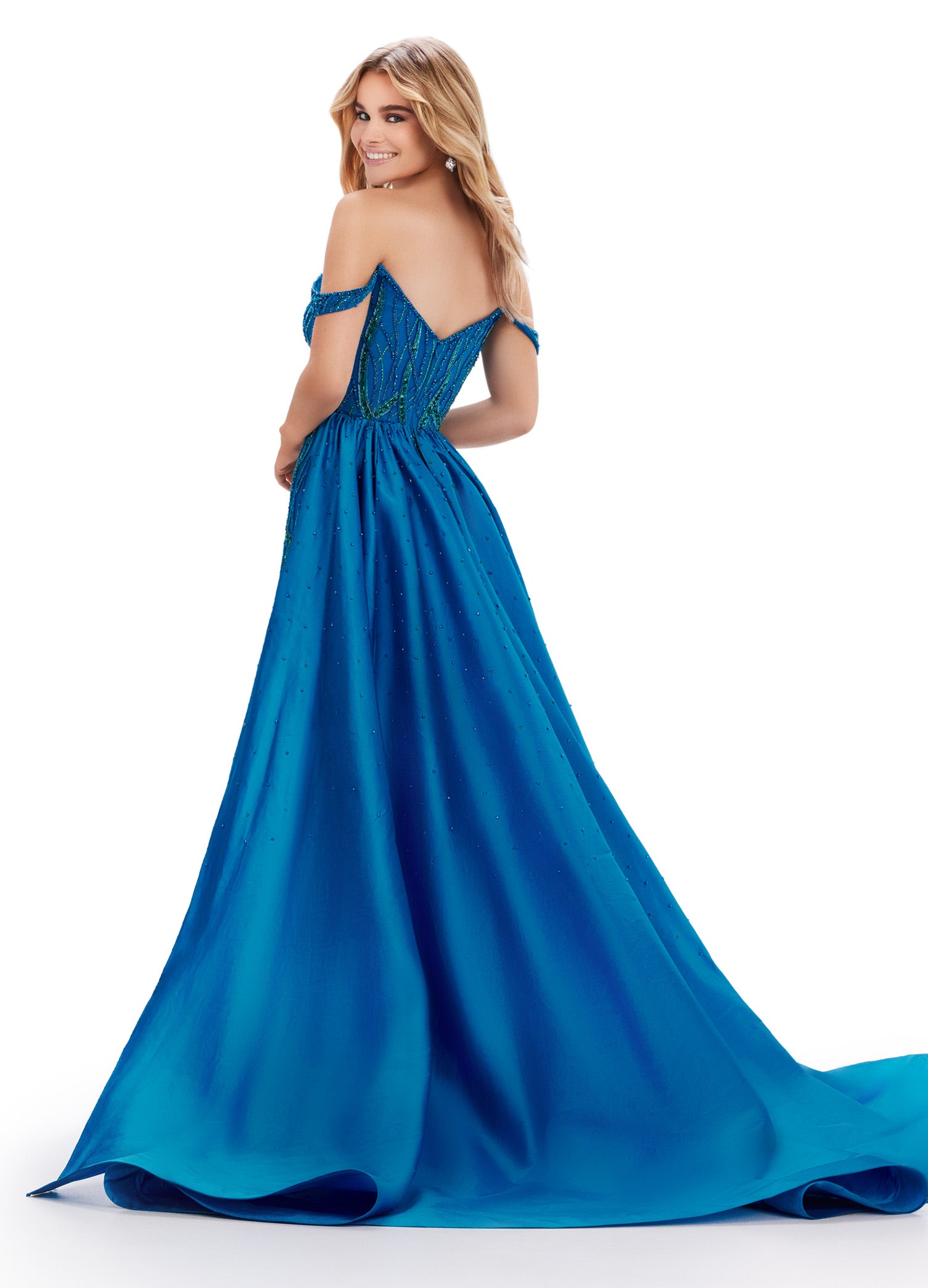 Back view - ASHLEYlauren_11458 Blue luxurious off-shoulder gown with a sweetheart neckline, intricate beadwork throughout, and a dramatic floor-length overskirt with a sweeping train.