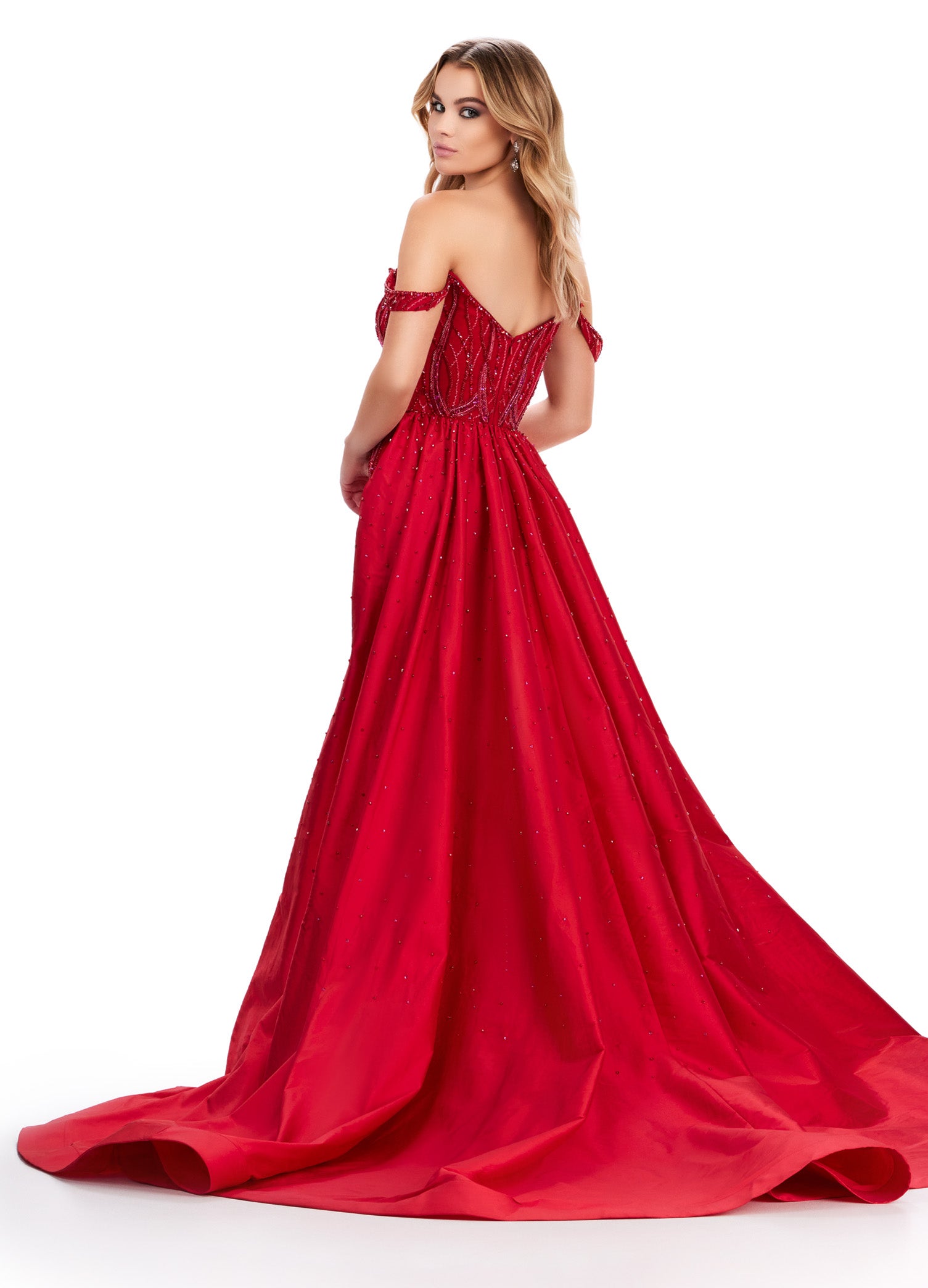 Back view - ASHLEYlauren_11458 Red luxurious off-shoulder gown with a sweetheart neckline, intricate beadwork throughout, and a dramatic floor-length overskirt with a sweeping train.