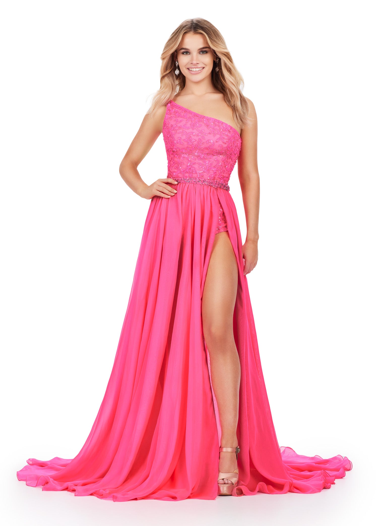 ASHLEYlauren_11460 Pink One-Shoulder Evening Gown with Beaded Bodice and Thigh-High Slit – Elegant Formal Wear