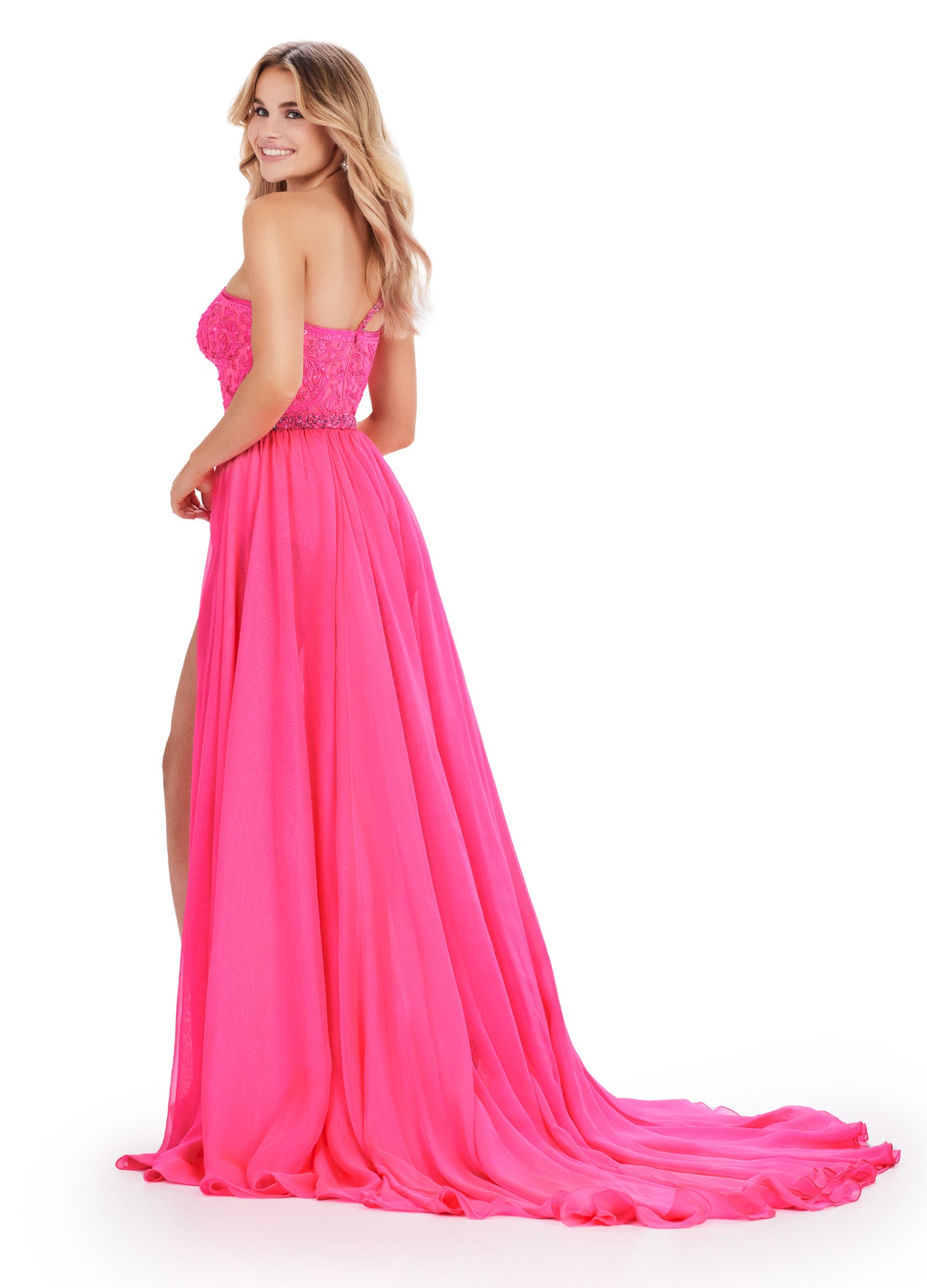 ASHLEYlauren_11460 Pink One-Shoulder Evening Gown with Beaded Bodice and Thigh-High Slit – Elegant Formal Wear
