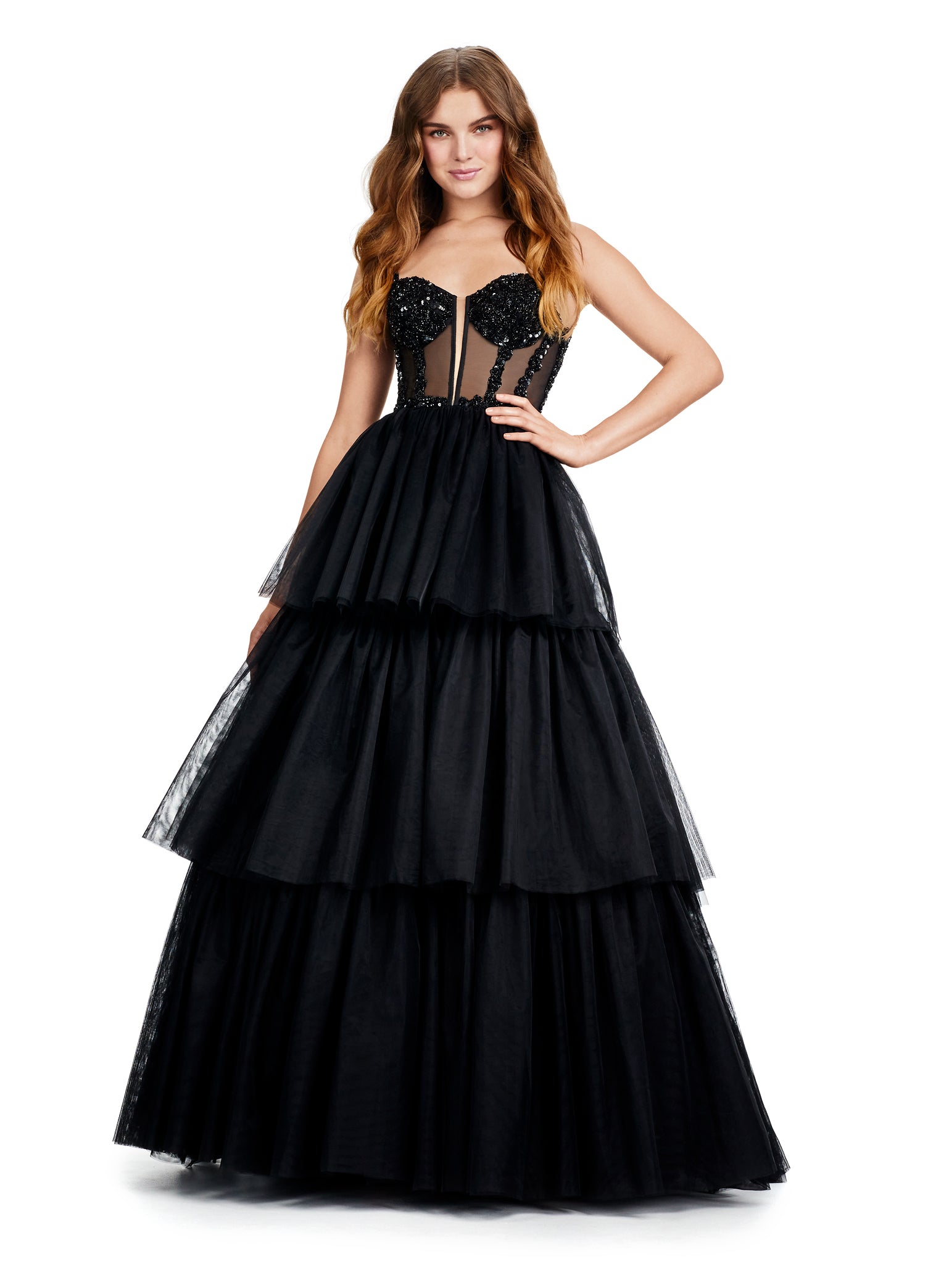 ASHLEYlauren_11462 Black Tiered Ball Gown with Embellished Corset Bodice – Statement Evening Wear
