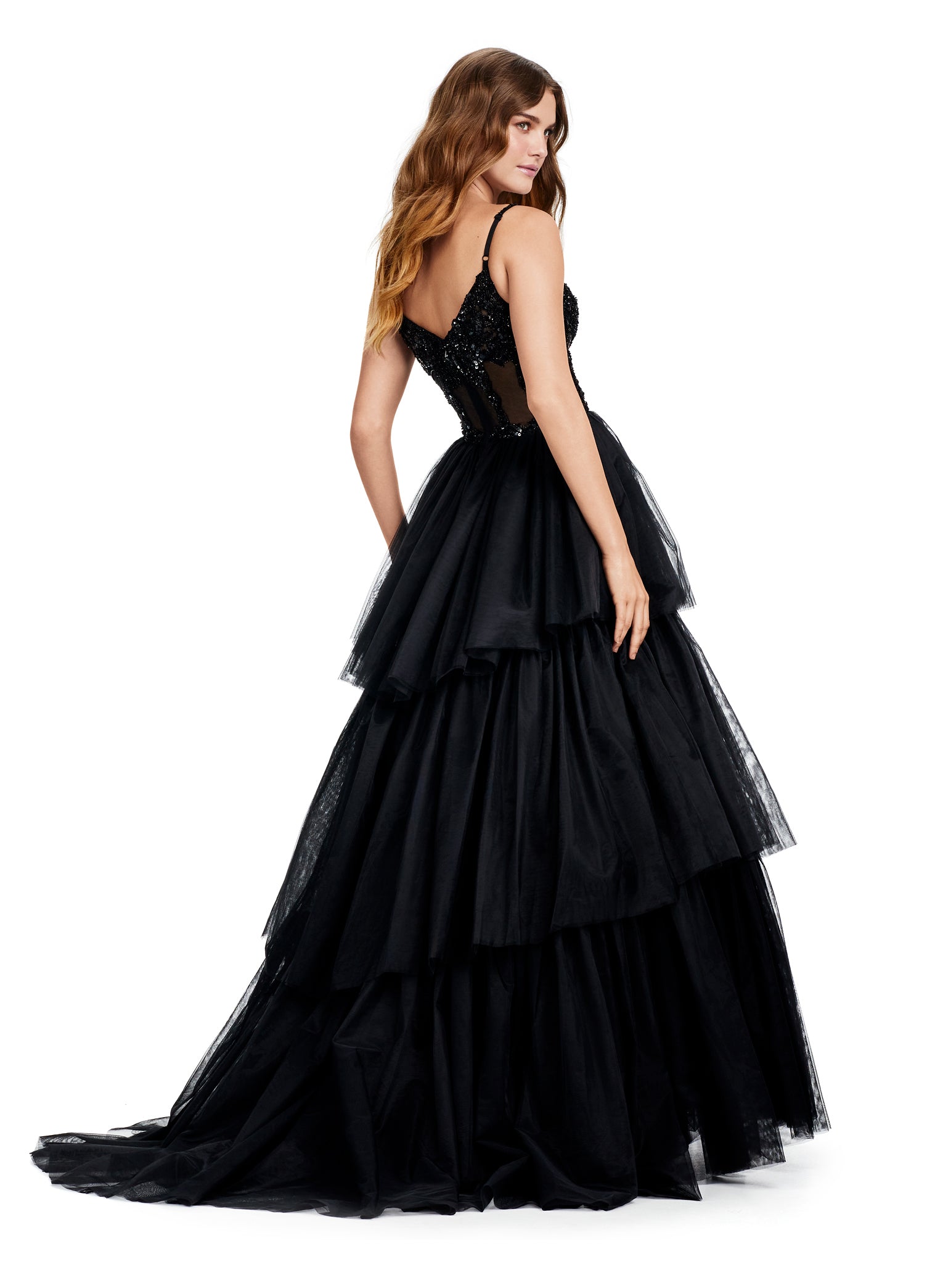 ASHLEYlauren_11462 Black Tiered Ball Gown with Embellished Corset Bodice – Statement Evening Wear
