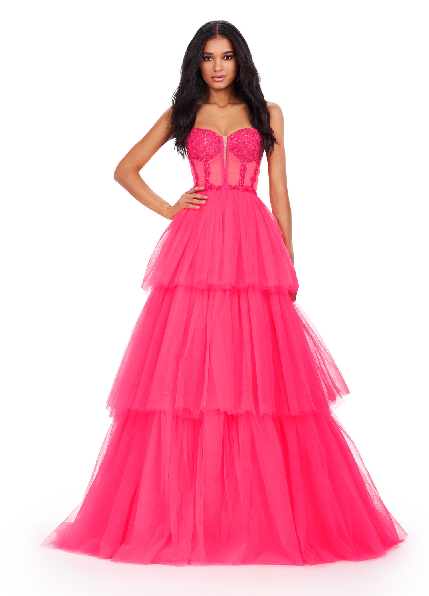 ASHLEYlauren_11462 Hot Pink Tiered Ball Gown with Embellished Corset Bodice – Statement Evening Wear
