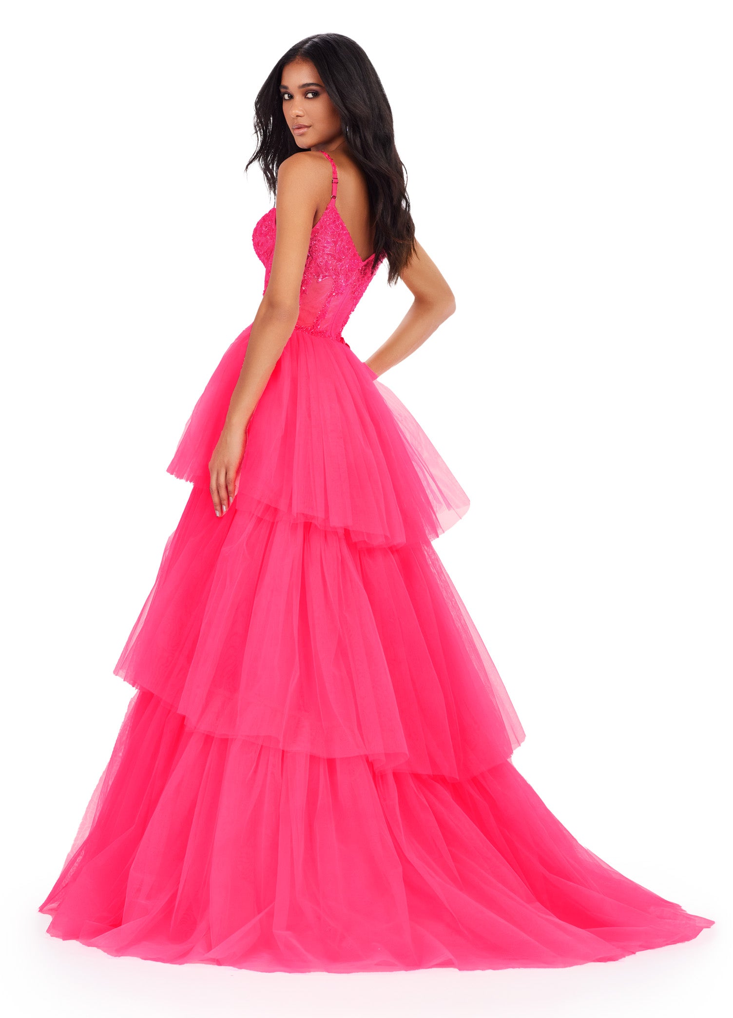 ASHLEYlauren_11462 Hot Pink Tiered Ball Gown with Embellished Corset Bodice – Statement Evening Wear