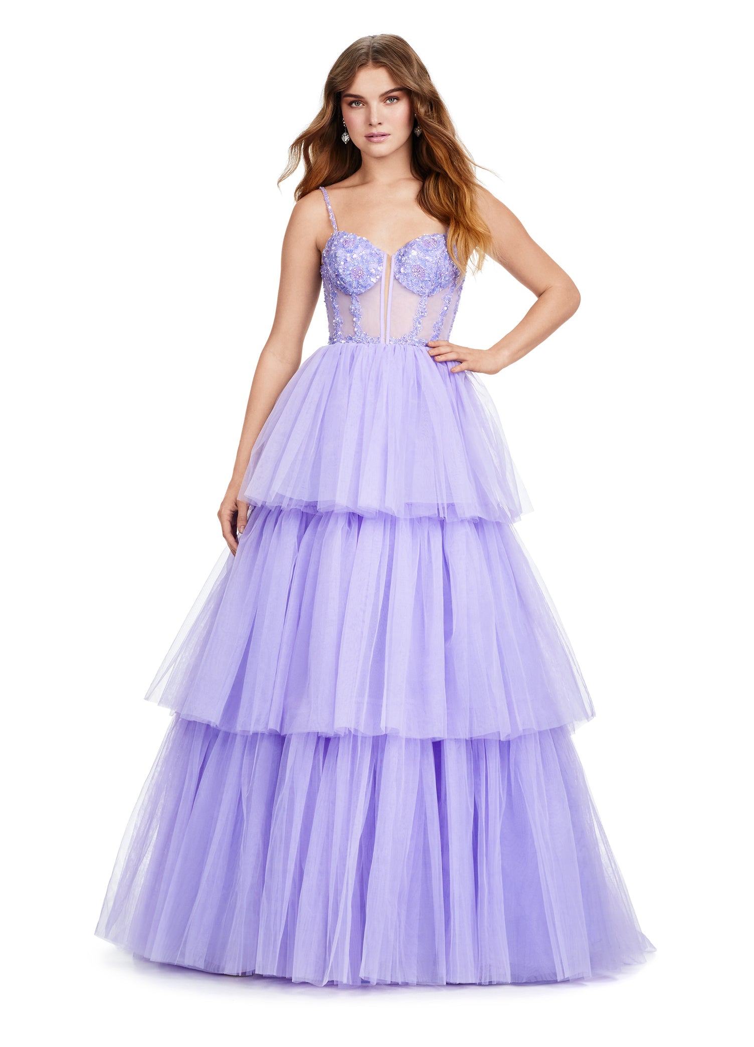 ASHLEYlauren_11462 Lilac Tiered Ball Gown with Embellished Corset Bodice – Statement Evening Wear