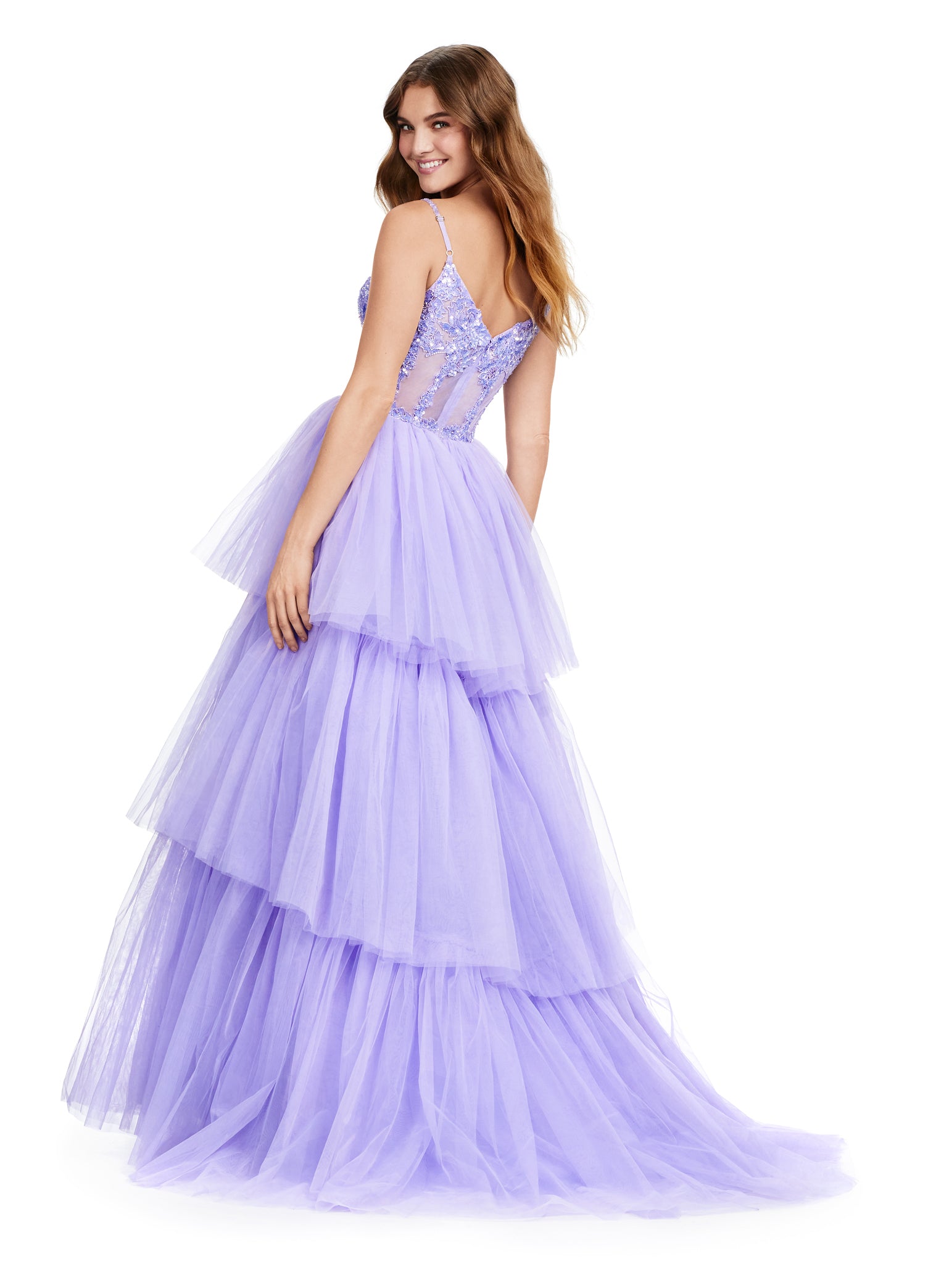 ASHLEYlauren_11462 Lilac Tiered Ball Gown with Embellished Corset Bodice – Statement Evening Wear