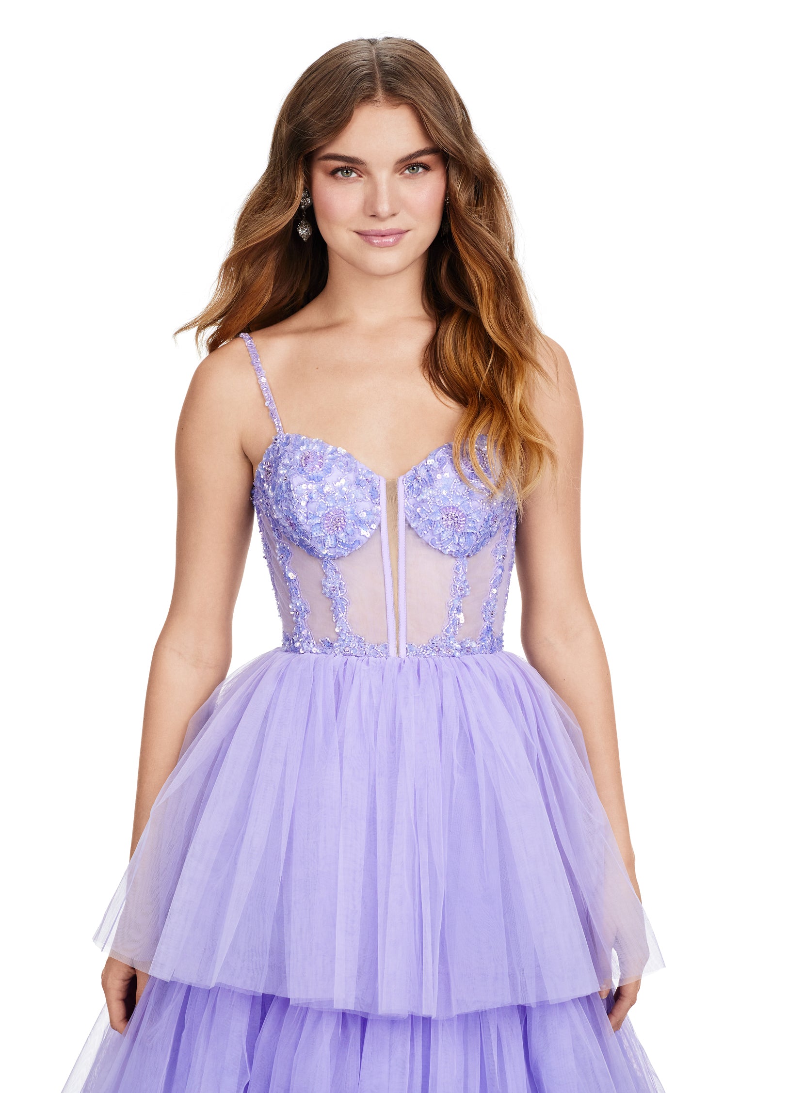 ASHLEYlauren_11462 Lilac Tiered Ball Gown with Embellished Corset Bodice – Statement Evening Wear