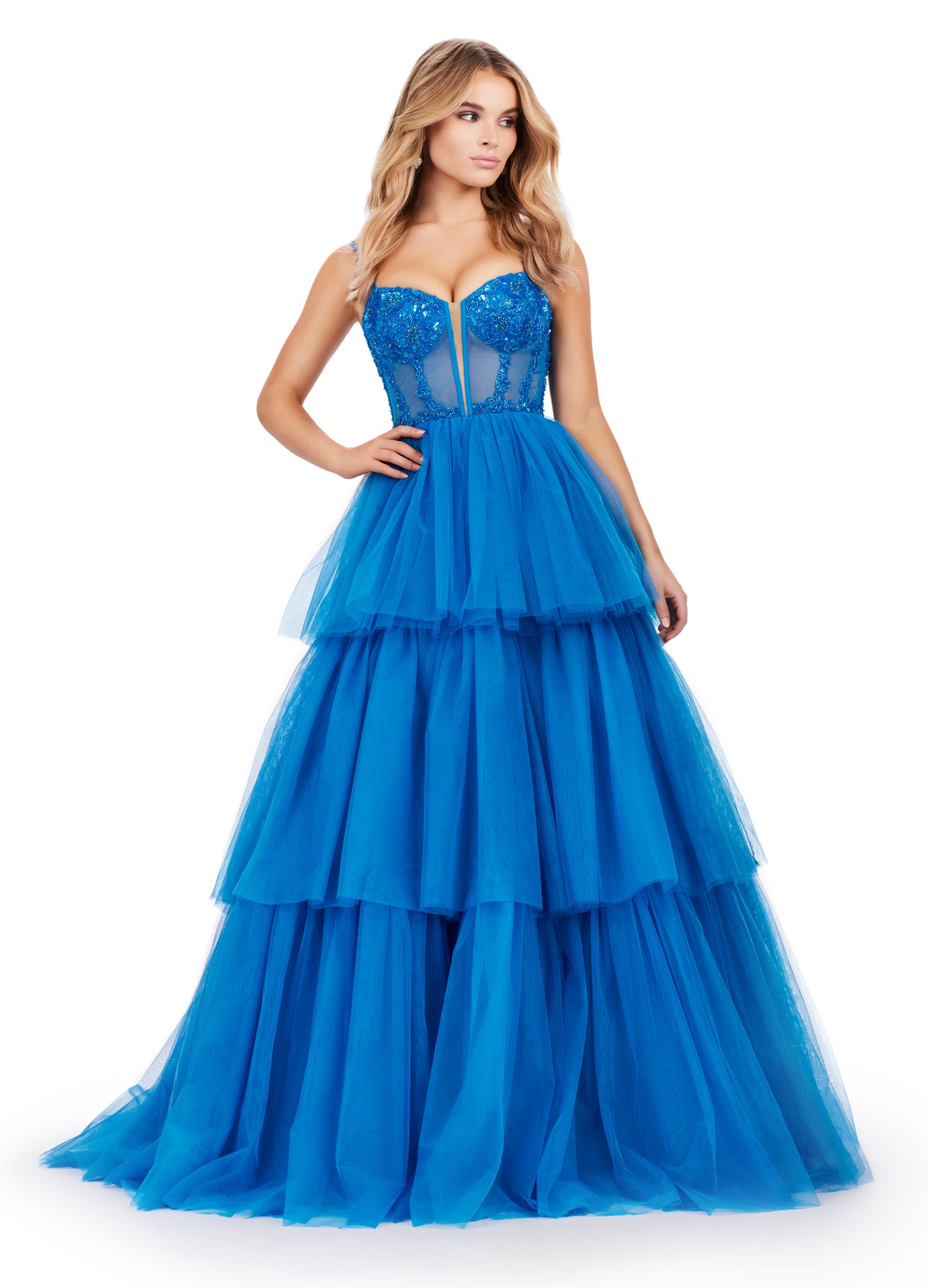 ASHLEYlauren_11462 Peacock Tiered Ball Gown with Embellished Corset Bodice – Statement Evening Wear