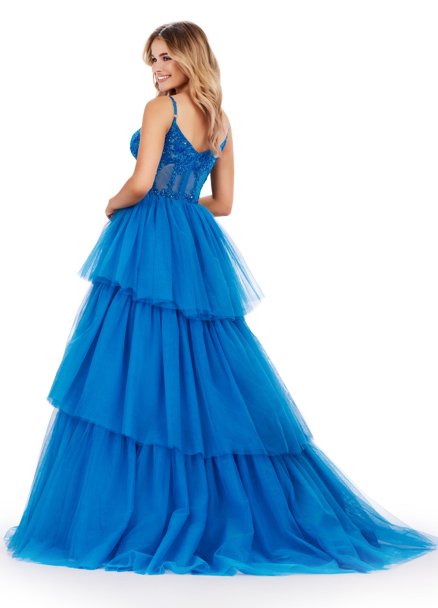 ASHLEYlauren_11462 Peacock Tiered Ball Gown with Embellished Corset Bodice – Statement Evening Wear