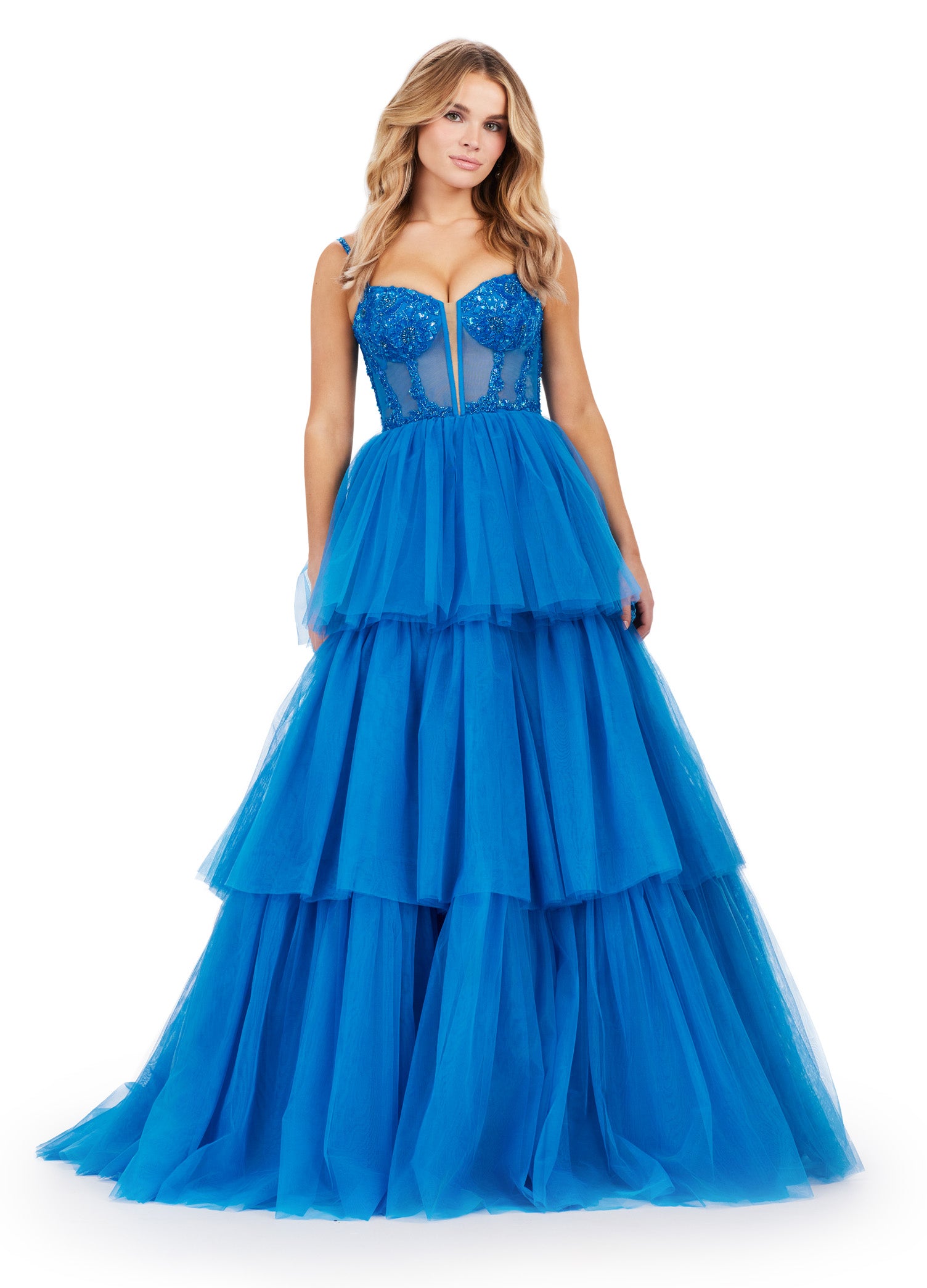 ASHLEYlauren_11462 Peacock Tiered Ball Gown with Embellished Corset Bodice – Statement Evening Wear
