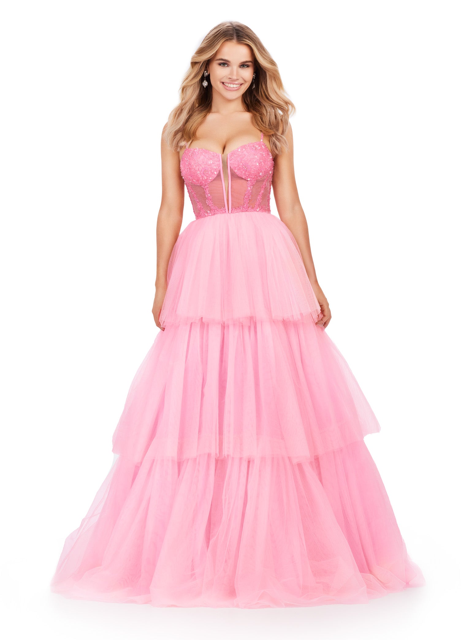 ASHLEYlauren_11462 Pink Tiered Ball Gown with Embellished Corset Bodice – Statement Evening Wear