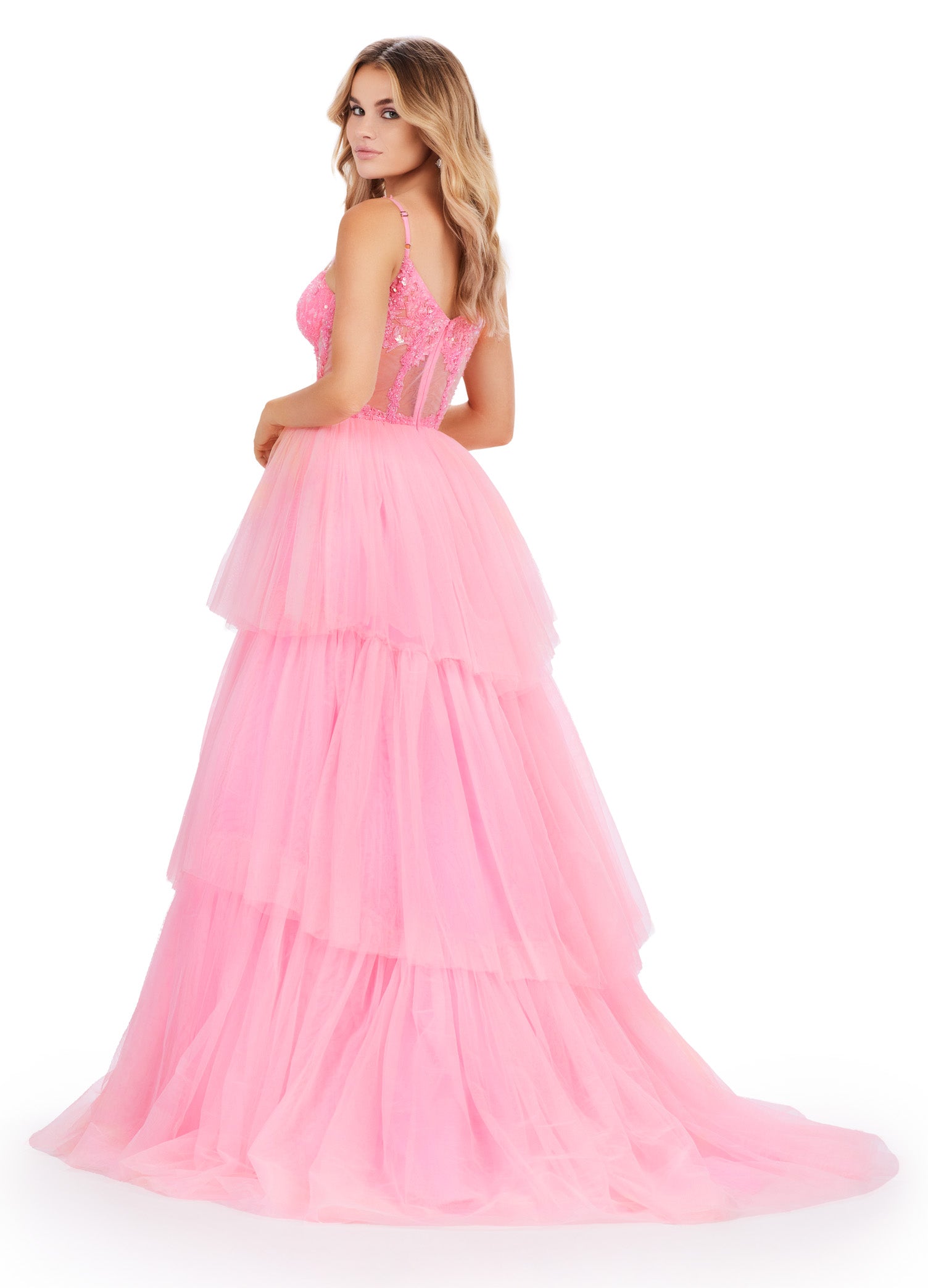 ASHLEYlauren_11462 Pink Tiered Ball Gown with Embellished Corset Bodice – Statement Evening Wear