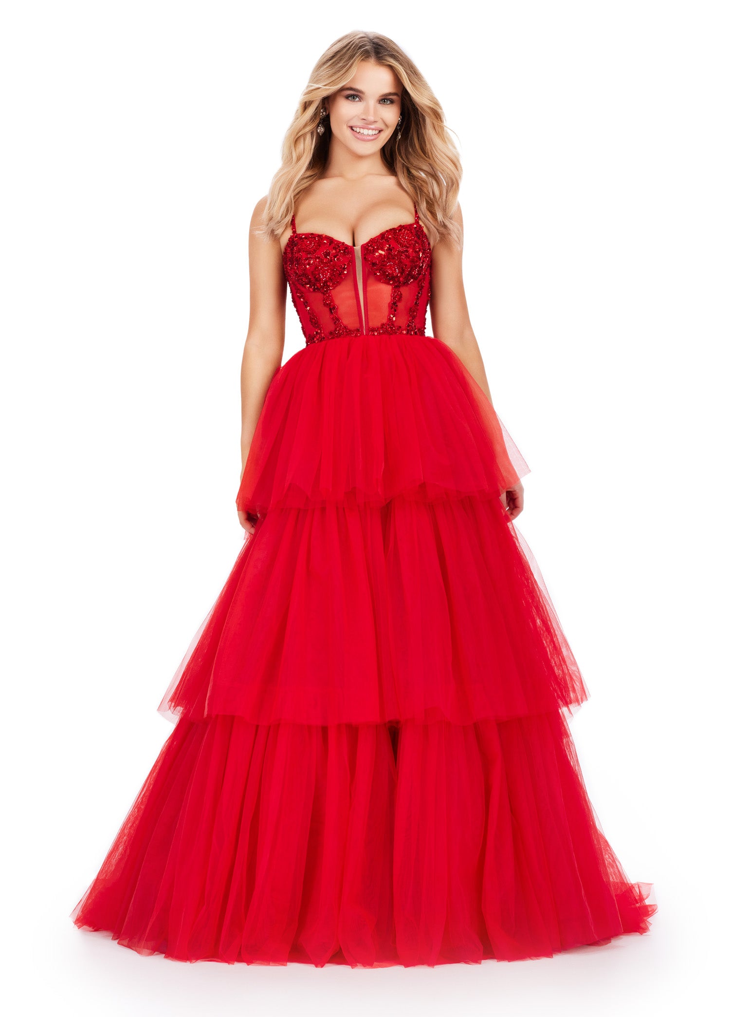 ASHLEYlauren_11462 Red Tiered Ball Gown with Embellished Corset Bodice – Statement Evening Wear