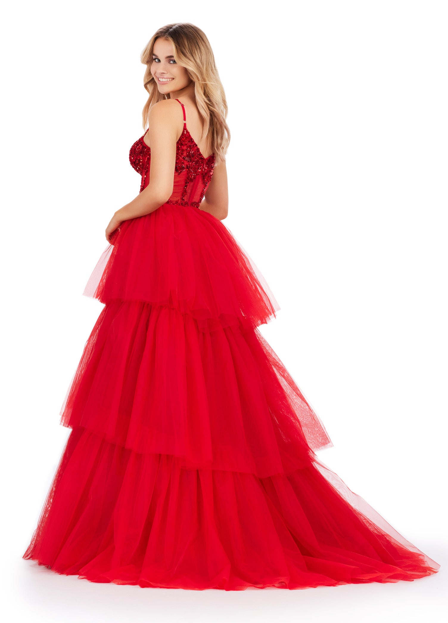 ASHLEYlauren_11462 Red Tiered Ball Gown with Embellished Corset Bodice – Statement Evening Wear