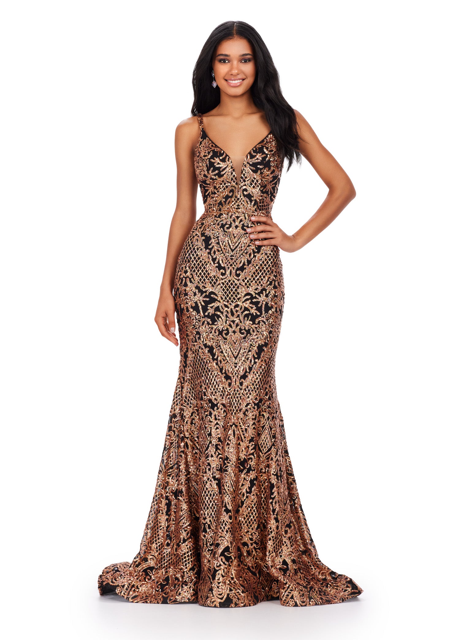 ASHLEYlauren_11466 Black and Bronze Embellished Plunge Neck Evening Gown – Luxury Formal Wear with Sparkling Detailing