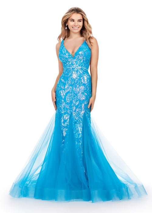 Sophia Gown | Ocean lace mermaid gown with sheer bodice, fitted design, and tulle flared hem, perfect for formal evening events.