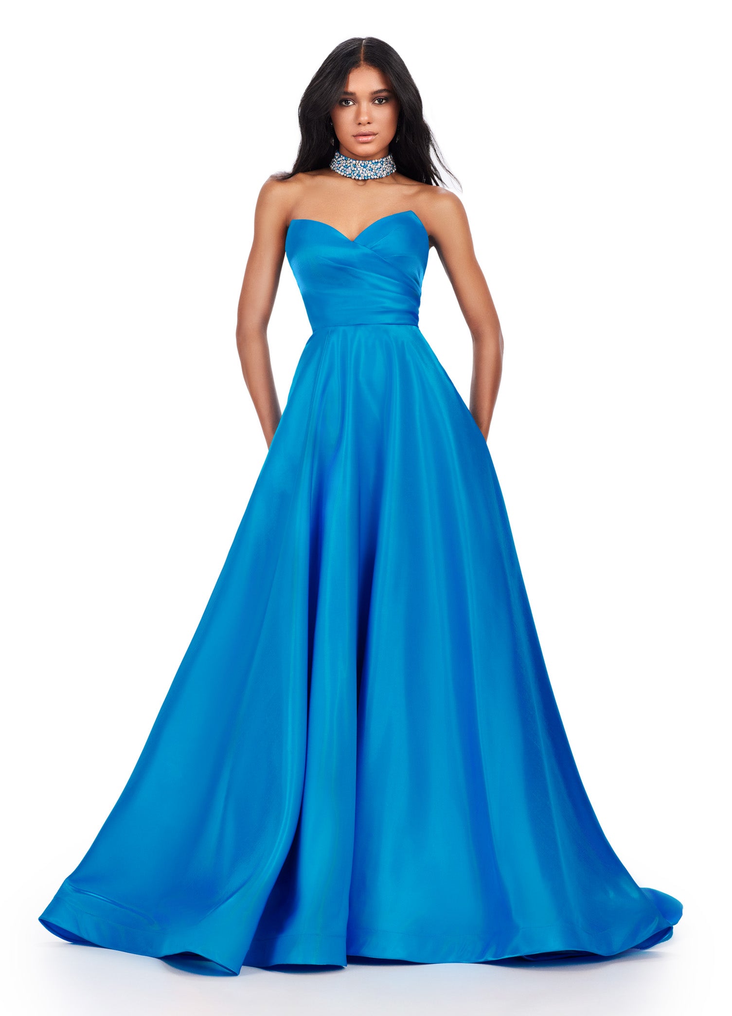 ASHLEYlauren_11473 Elegant Blue strapless ball gown with sweetheart neckline, perfect for formal occasions or weddings.