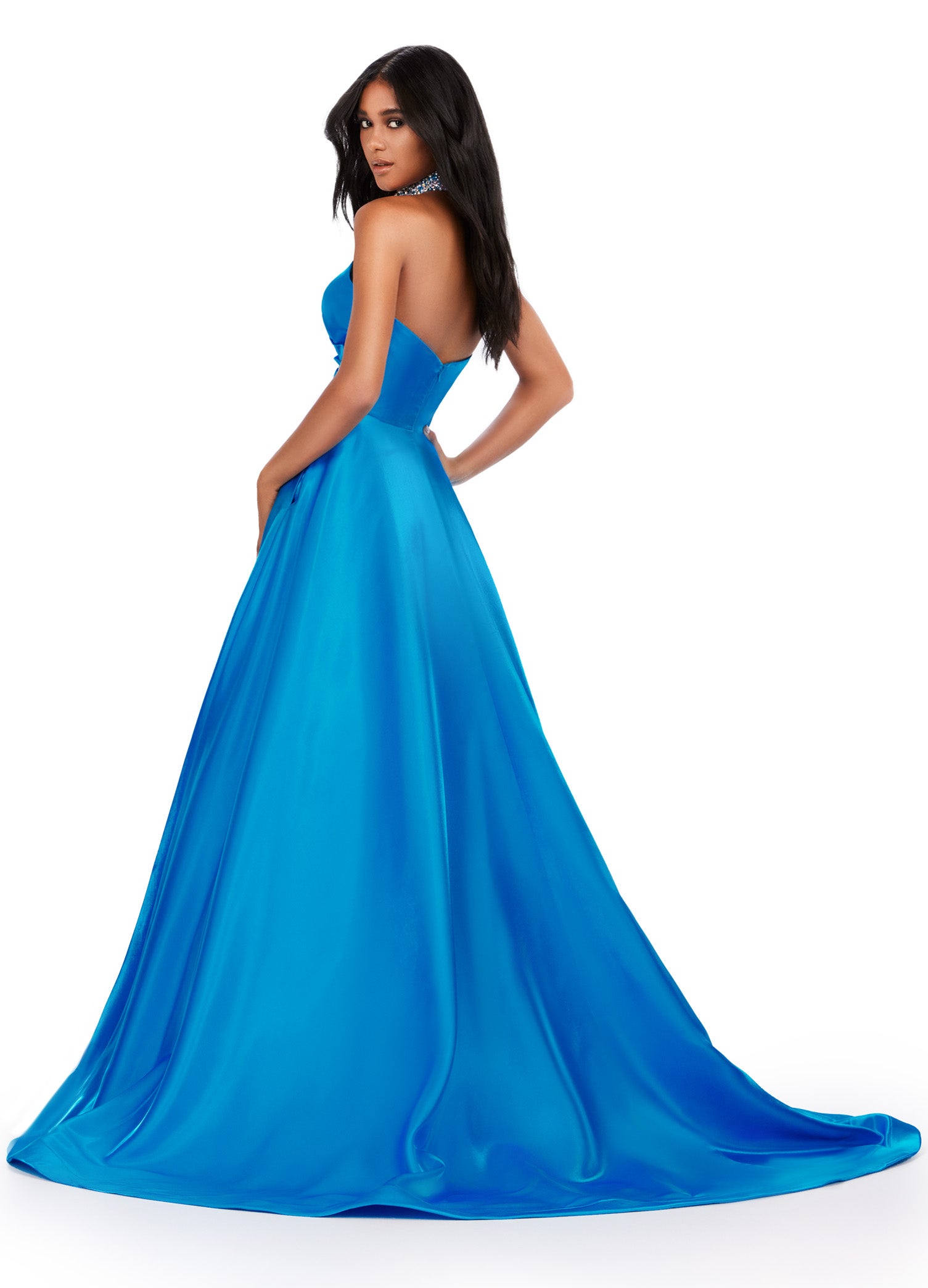 ASHLEYlauren_11473 Elegant Blue strapless ball gown with sweetheart neckline, perfect for formal occasions or weddings.