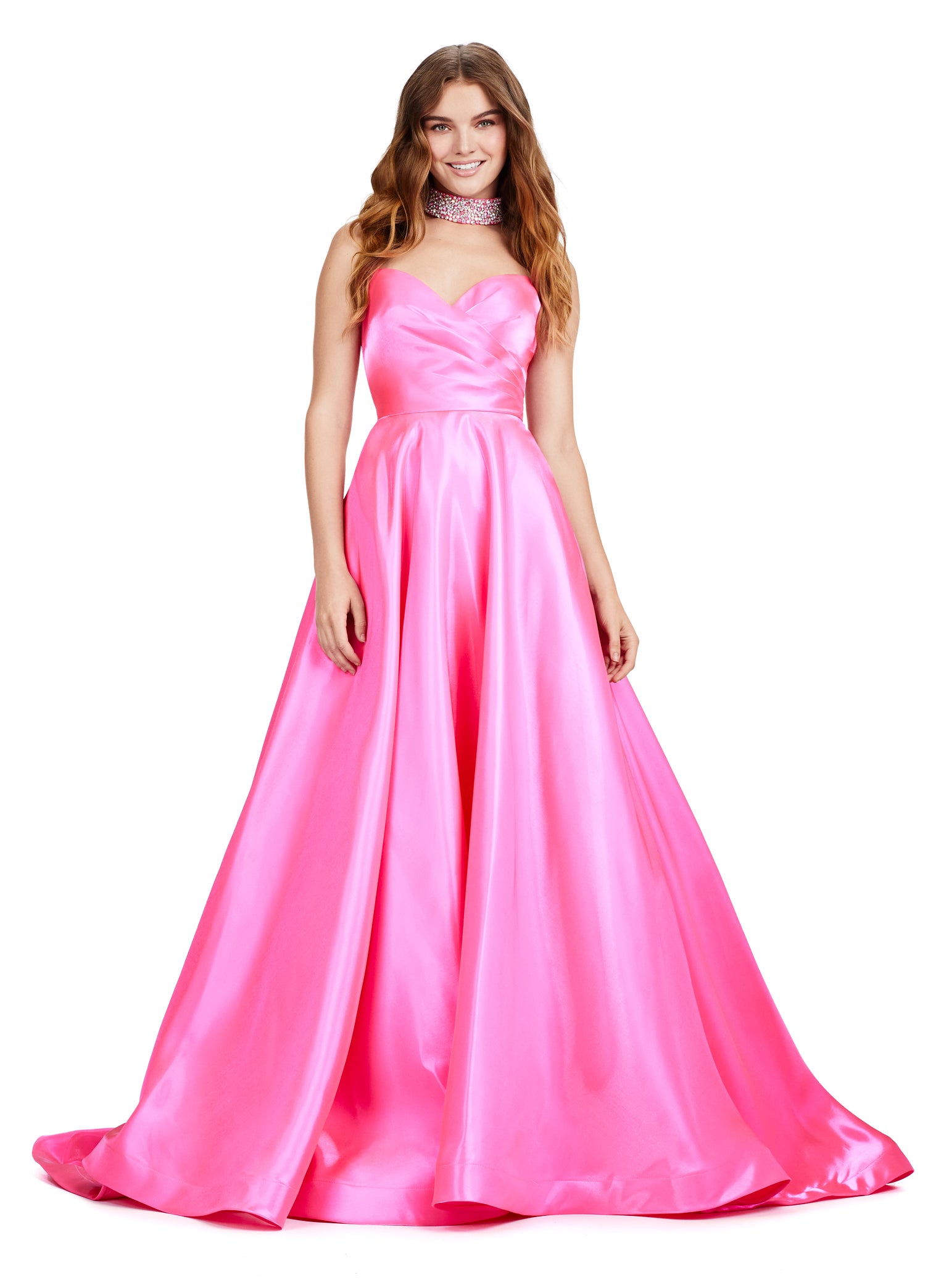 ASHLEYlauren_11473 Elegant Pink strapless ball gown with sweetheart neckline, perfect for formal occasions or weddings.