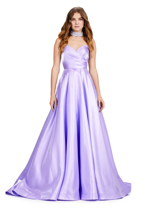 Amore Gown | Orchid timeless romantic evening gown with strapless satin bodice, sweetheart neckline, beaded choker and flowing A line silhouette perfect for galas formal events and special occasions