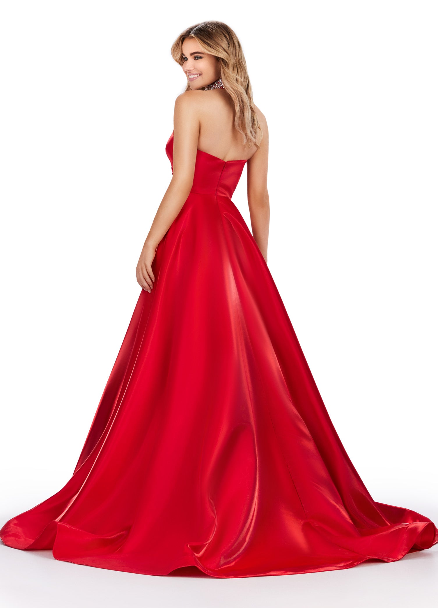 ASHLEYlauren_11473 Elegant Red strapless ball gown with sweetheart neckline, perfect for formal occasions or weddings.