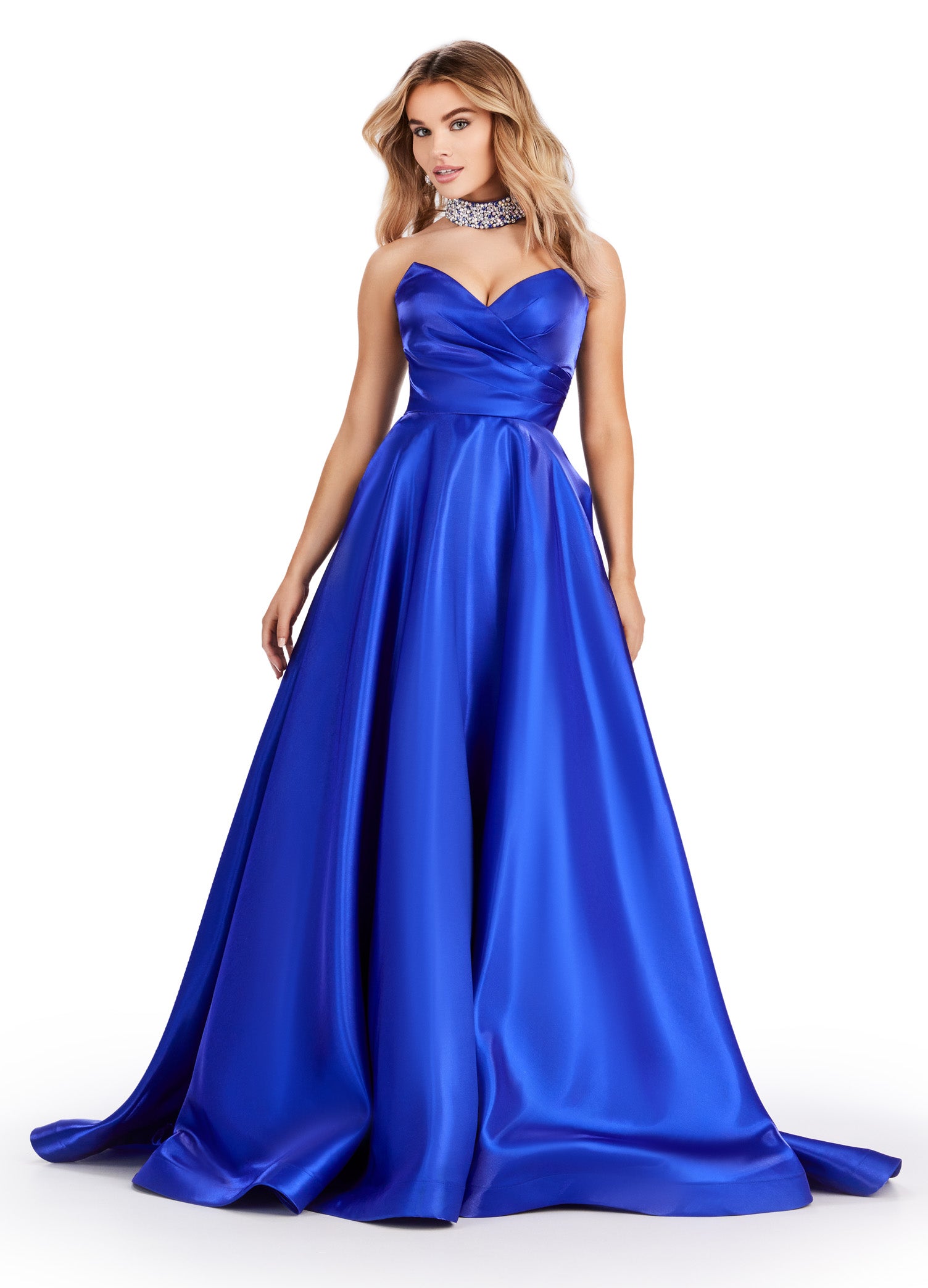 ASHLEYlauren_11473 Elegant Blue strapless ball gown with sweetheart neckline, perfect for formal occasions or weddings.