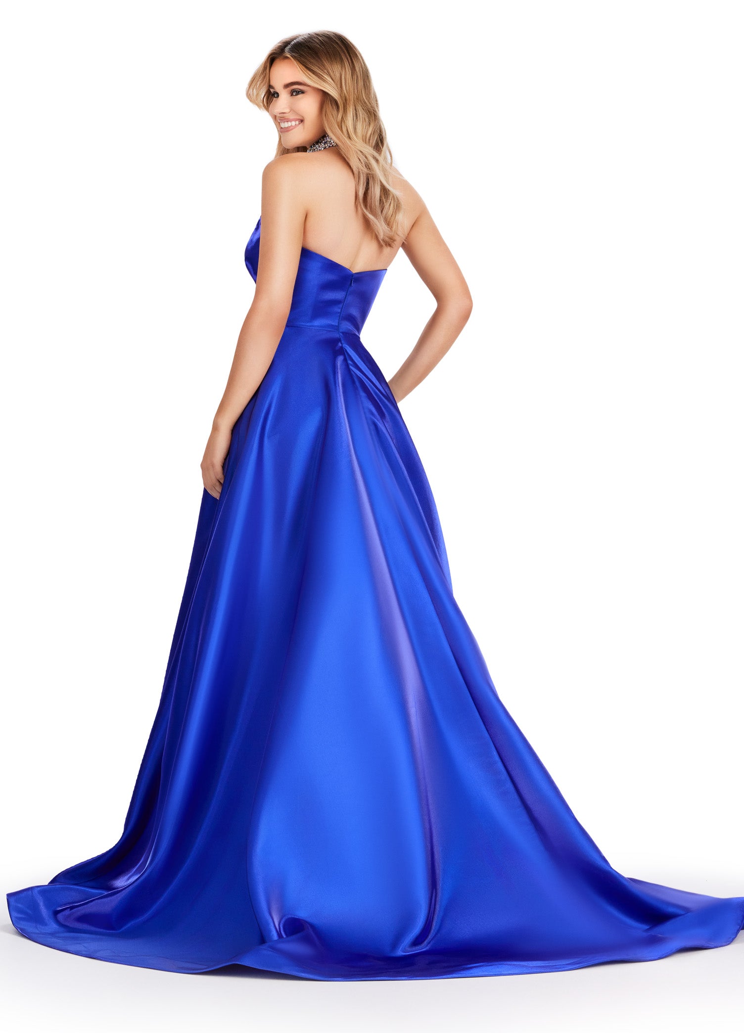 ASHLEYlauren_11473 Elegant Blue strapless ball gown with sweetheart neckline, perfect for formal occasions or weddings.