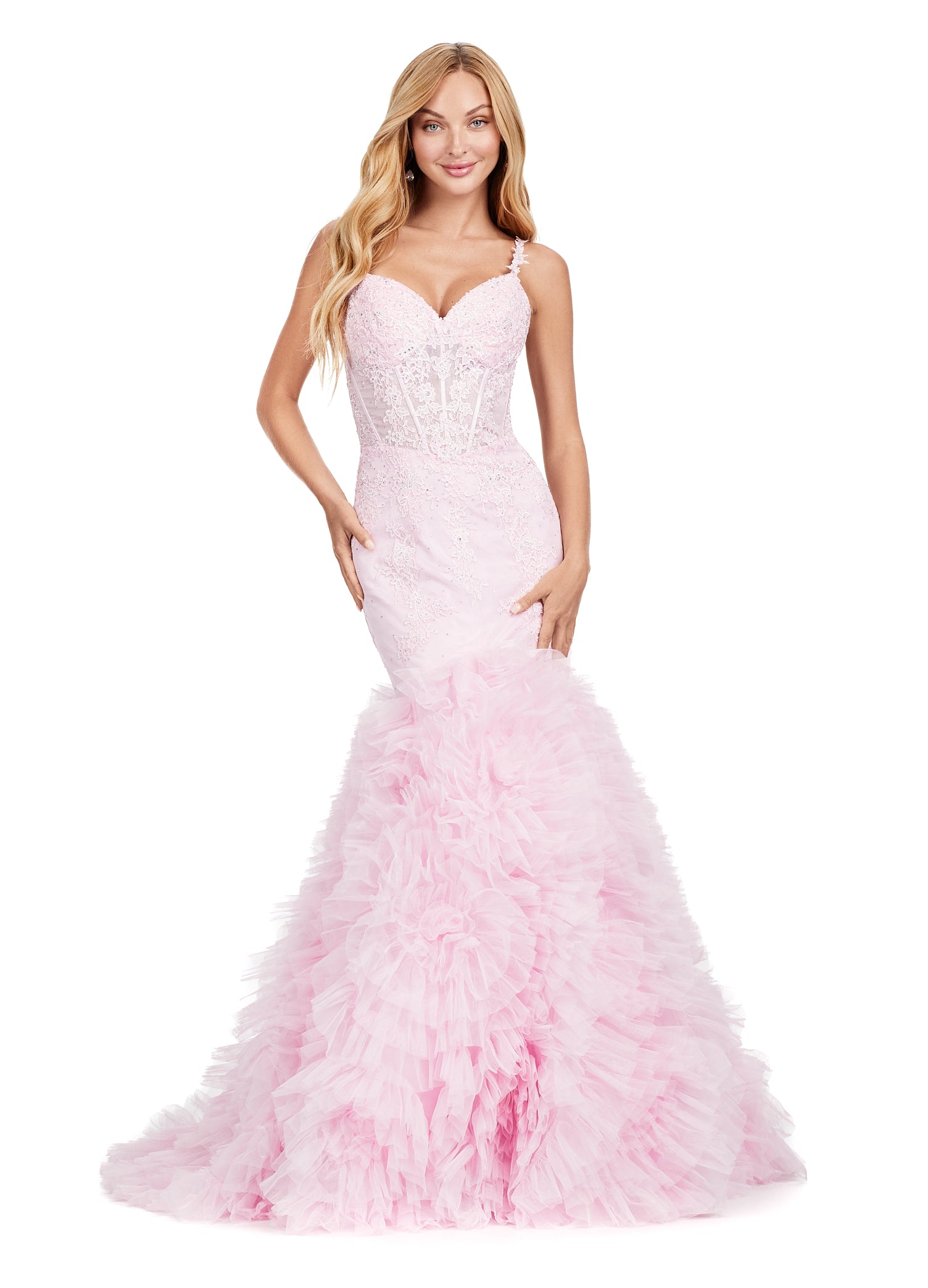 ASHLEYlauren_11475 Strapless Pink mermaid gown with a fitted bodice and voluminous tulle skirt, perfect for luxury evening wear and formal events