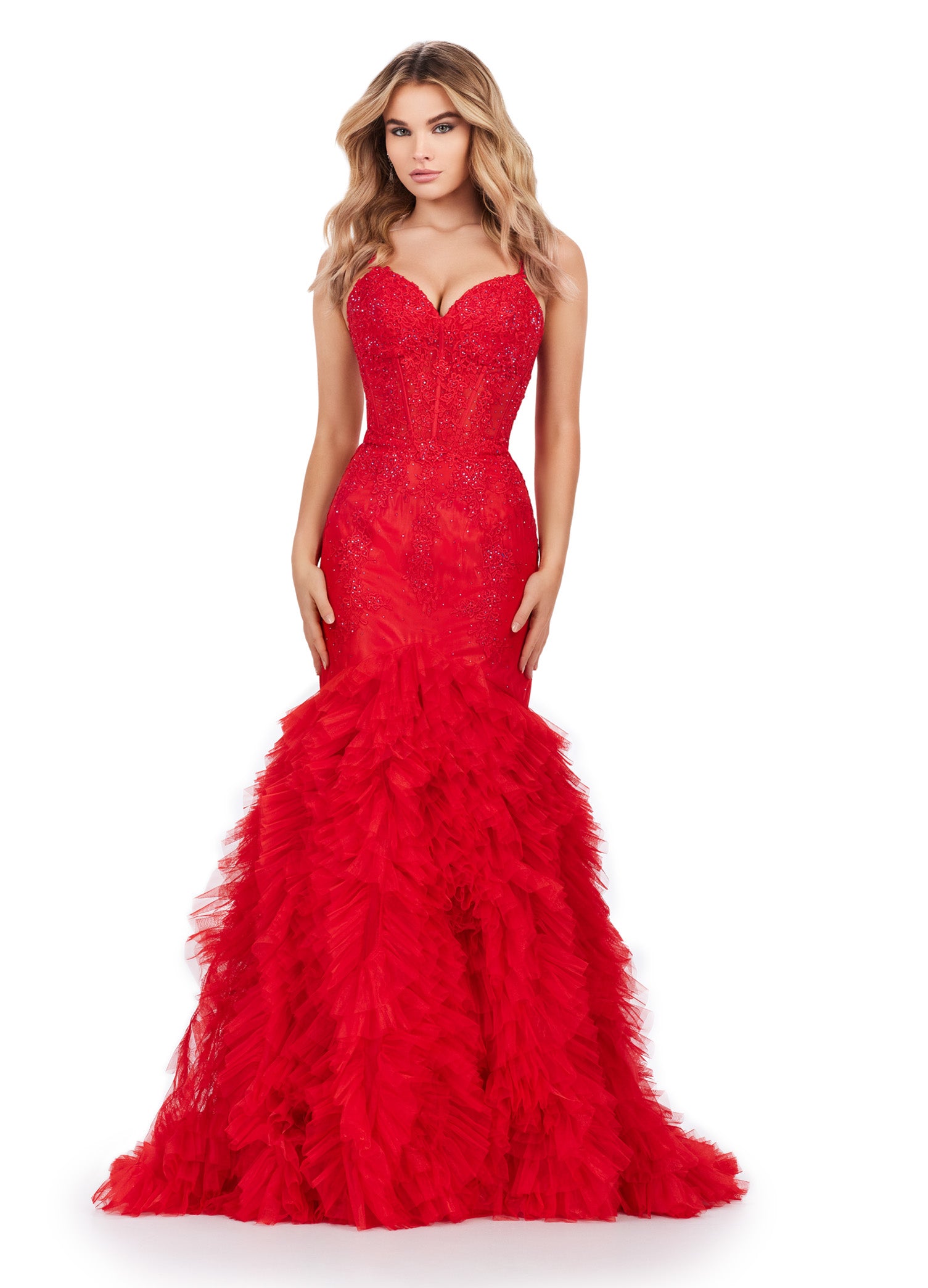 ASHLEYlauren_11475 Strapless red mermaid gown with a fitted bodice and voluminous tulle skirt, perfect for luxury evening wear and formal events