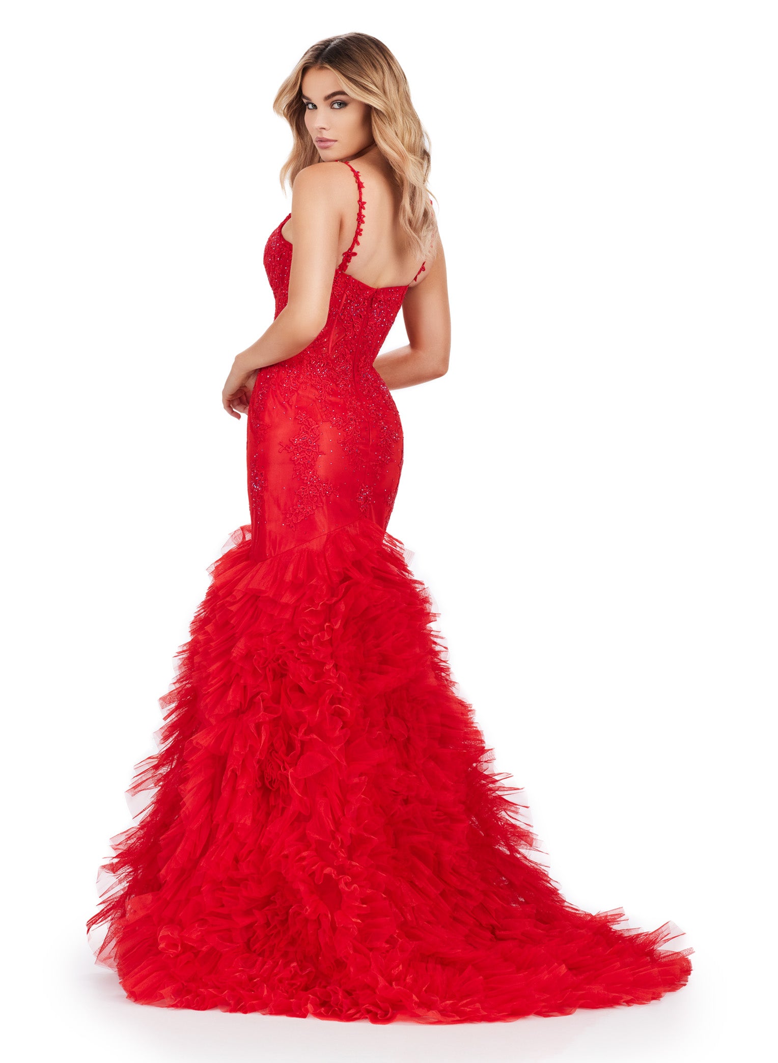 ASHLEYlauren_11475 Strapless red mermaid gown with a fitted bodice and voluminous tulle skirt, perfect for luxury evening wear and formal events