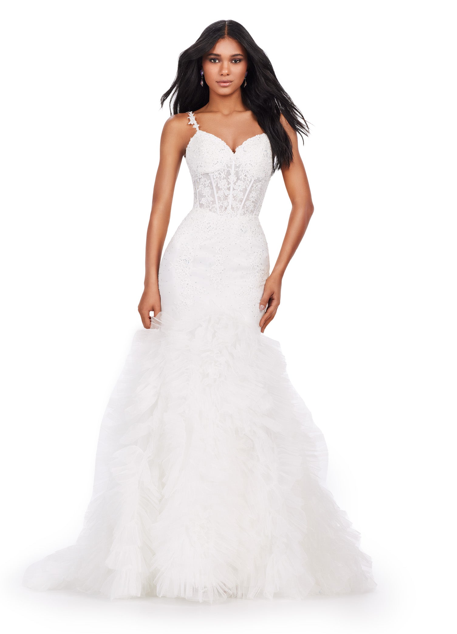 ASHLEYlauren_11475 Strapless white mermaid gown with a fitted bodice and voluminous tulle skirt, perfect for luxury evening wear and formal events