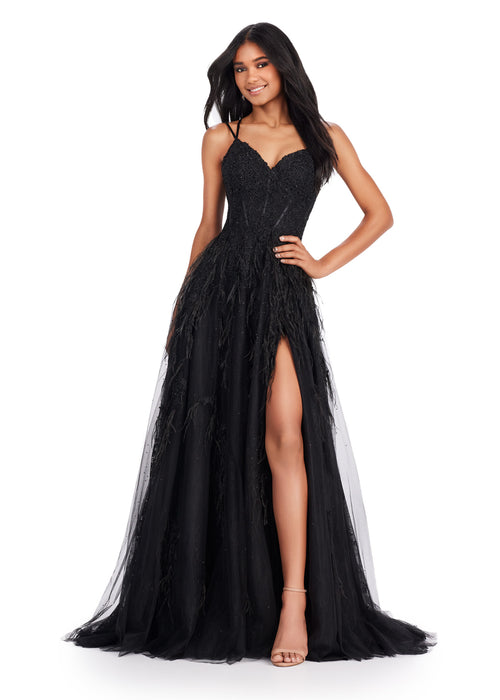Samaria Gown | Black lace evening gown with intricate detailing, dramatic thigh high slit, and elegant fitted silhouette.