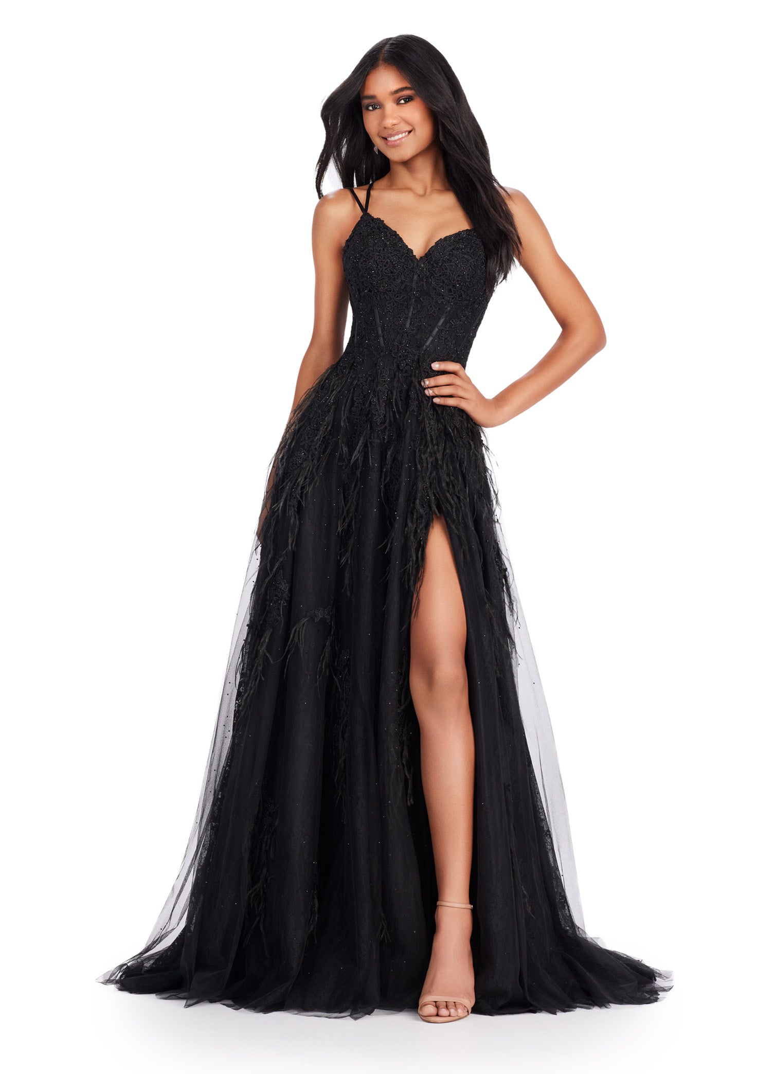 ASHLEYlauren_11480 Dramatic Black Lace Gown with Thigh-High Slit | Luxury Evening Dress