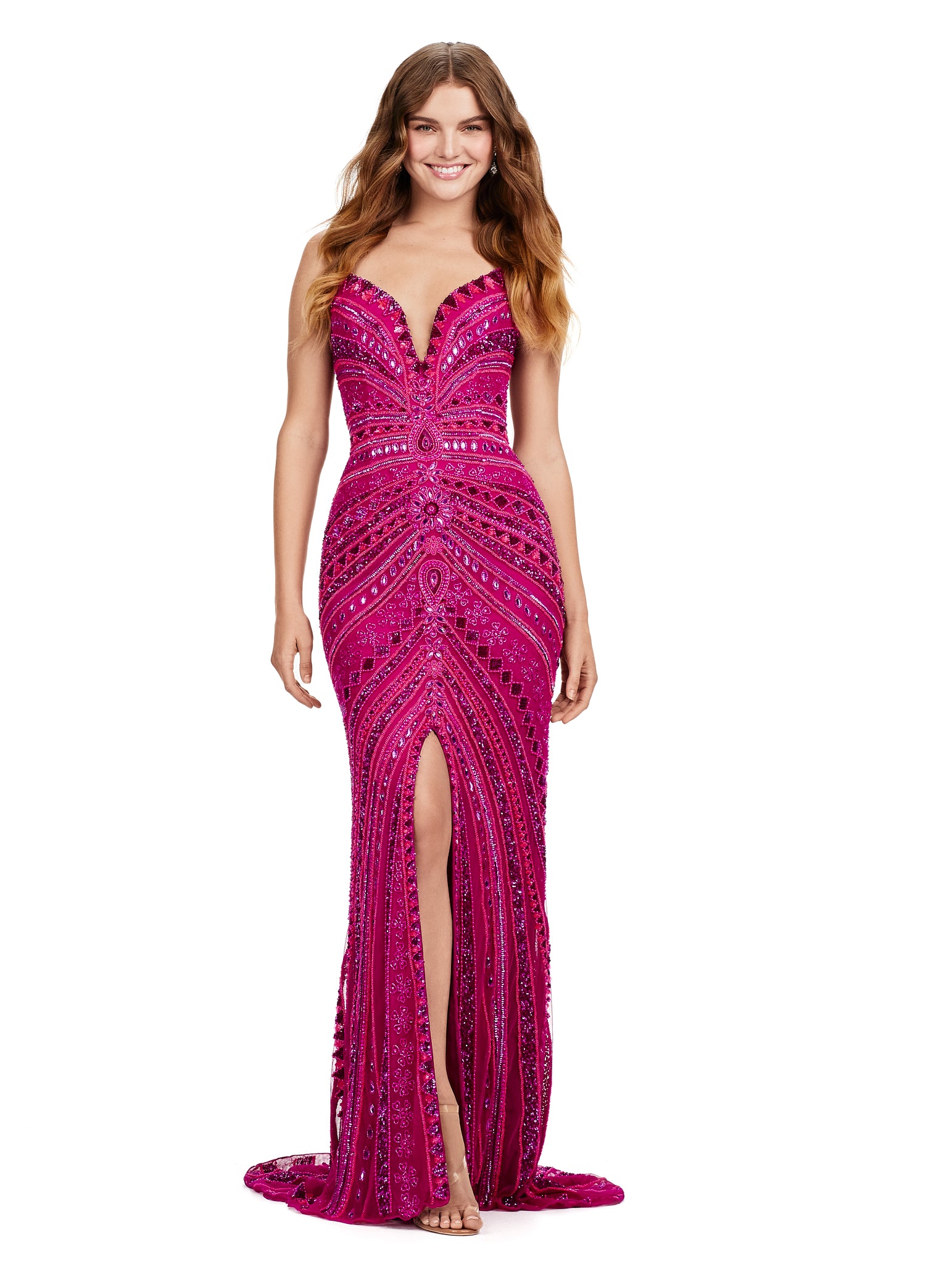 Fuchsia Strapless Beaded Gown with Thigh-High Slit | Luxury Eveningwear