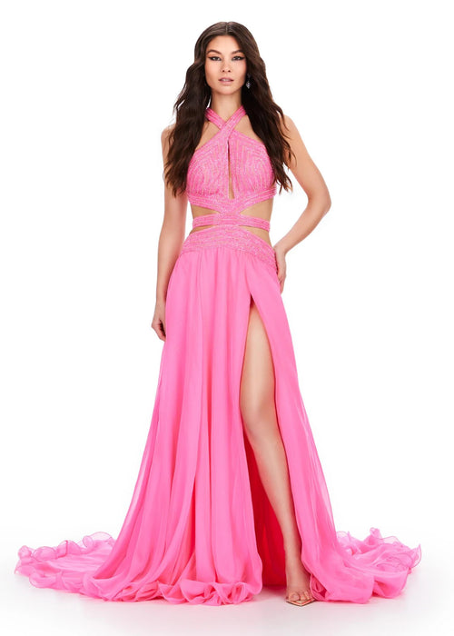 Kiran Gown | Hot-Pink Chiffon gown with fully beaded cut-out bustier, halter neckline, open back, and flowing skirt for an elegant, standout look.