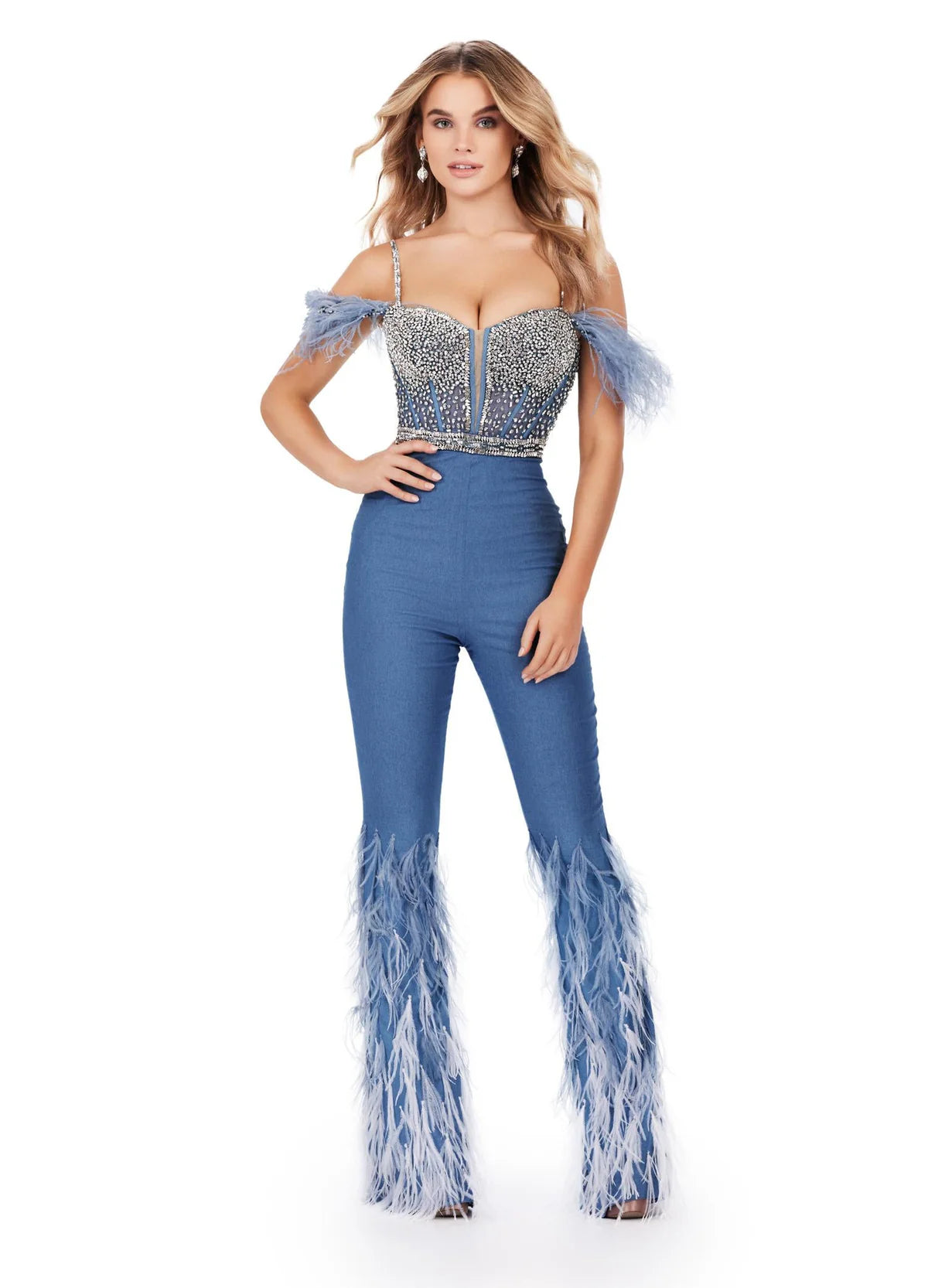 Stylish denim-inspired jumpsuit featuring an embellished corset-style bodice with off-shoulder feathered straps, high-waisted fitted trousers, and feathered accents on flared legs.