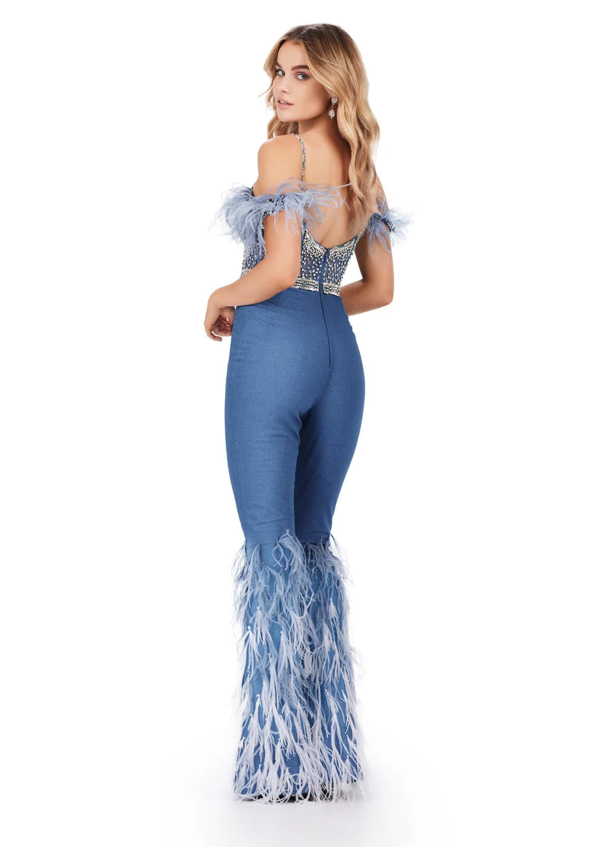 Back view - Stylish denim-inspired jumpsuit featuring an embellished corset-style bodice with off-shoulder feathered straps, high-waisted fitted trousers, and feathered accents on flared legs.