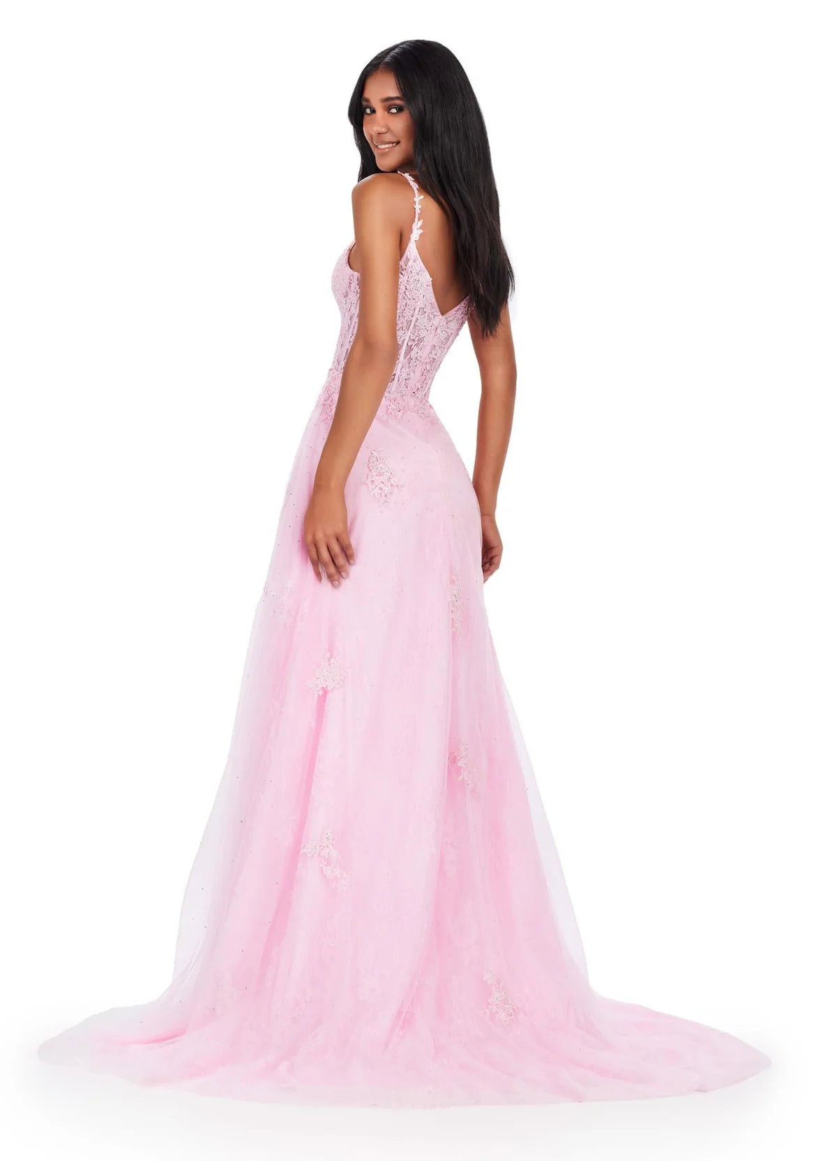 Back View - Baby Pink tulle ball gown featuring a sweetheart neckline, sheer bodice with lace appliqués, thigh-high slit, and a flowing layered skirt.