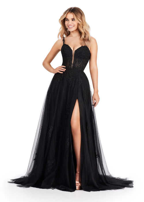 Mabel Gown | Black Lace applique gown with fitted bustier, v neckline and daring leg slit for timeless evening elegance