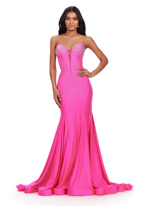 Saffron Gown | Hot-Pink diamante embellished fitted mermaid evening gown designed for prom nights and glamorous red carpet occasions.