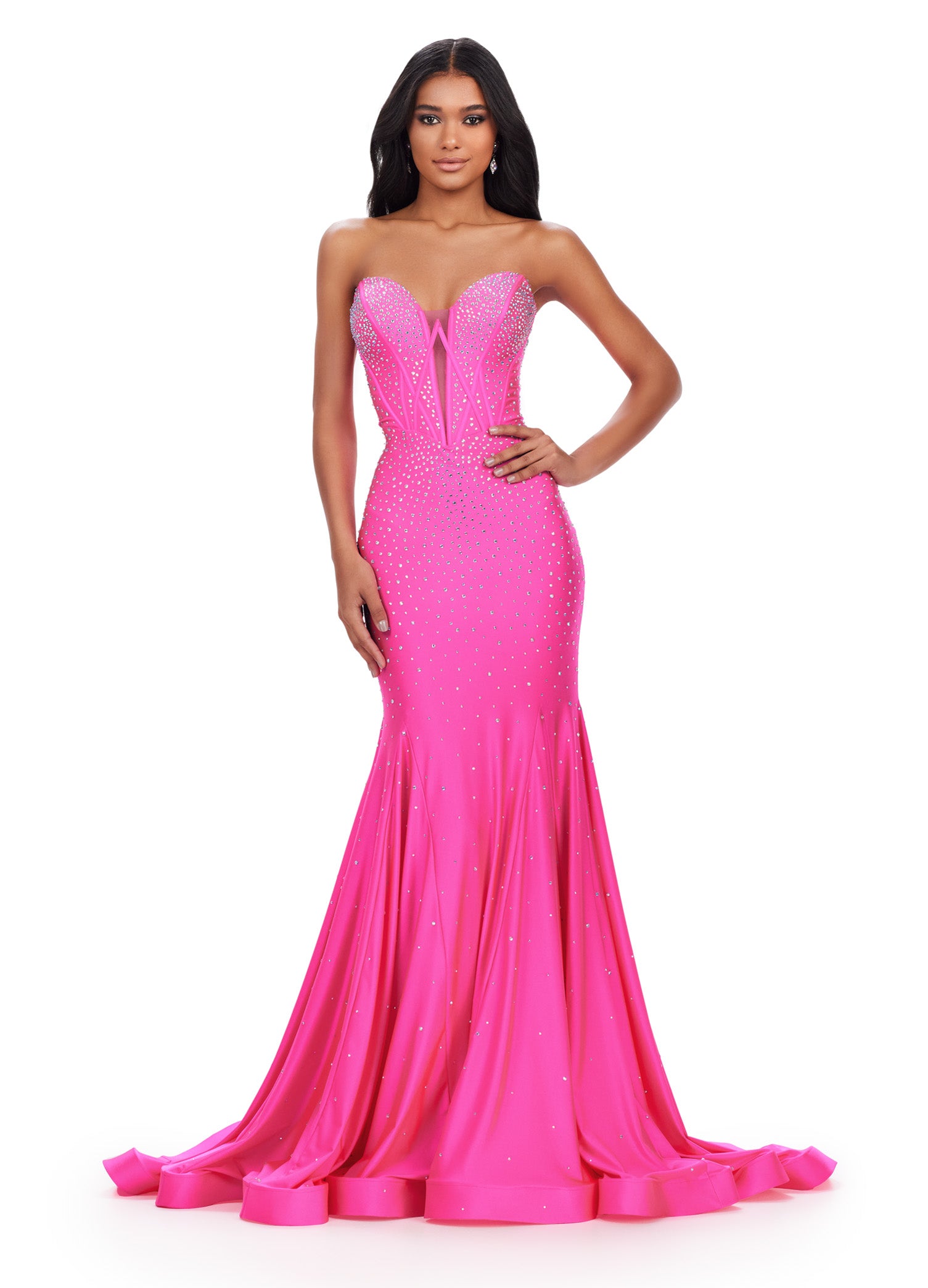 Pink, diamante embellished, fitted mermaid evening and prom dress - Ashley Lauren Saffron Gown