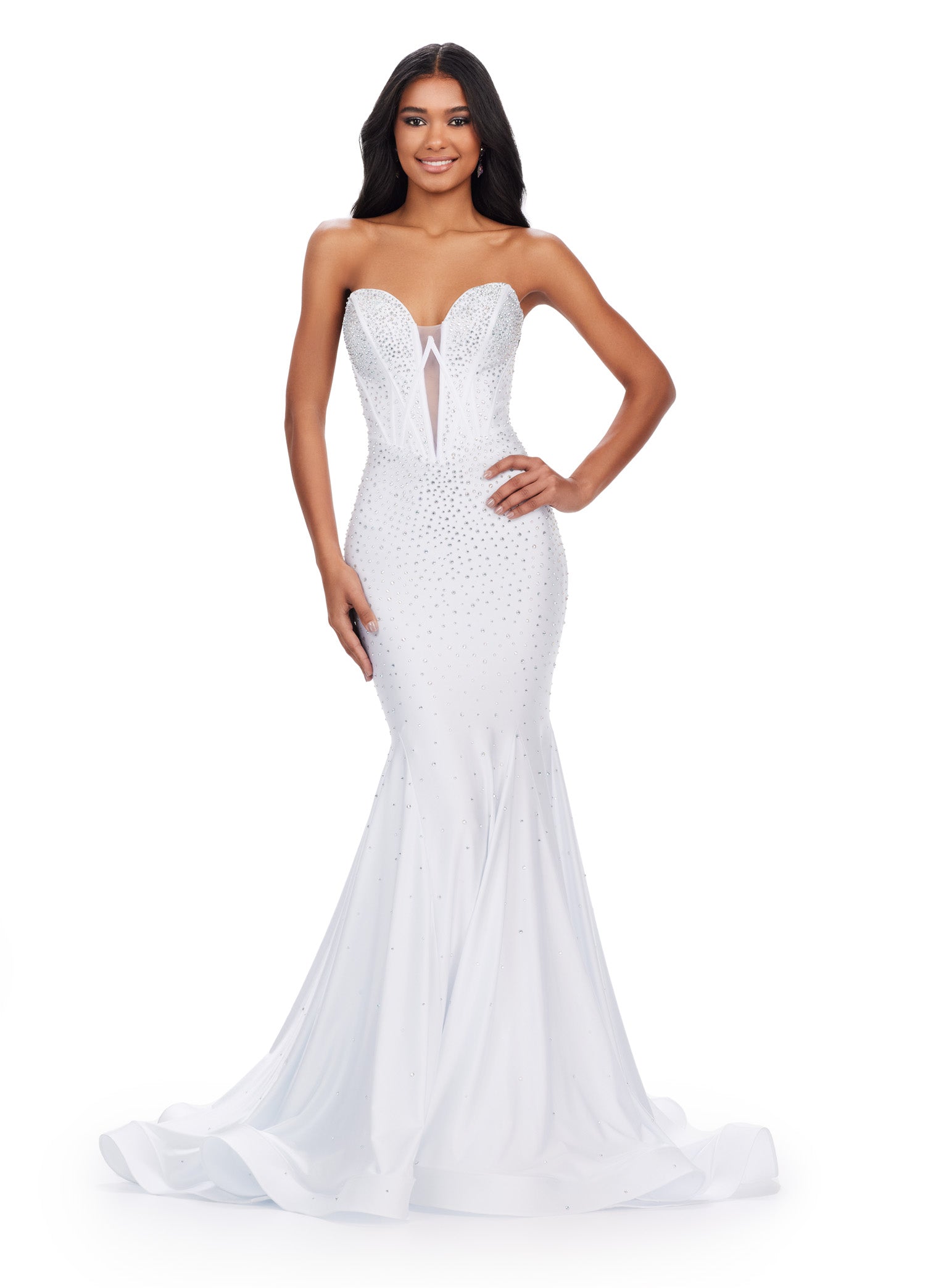 White, diamante embellished, fitted mermaid evening and prom dress - Ashley Lauren Saffron Gown
