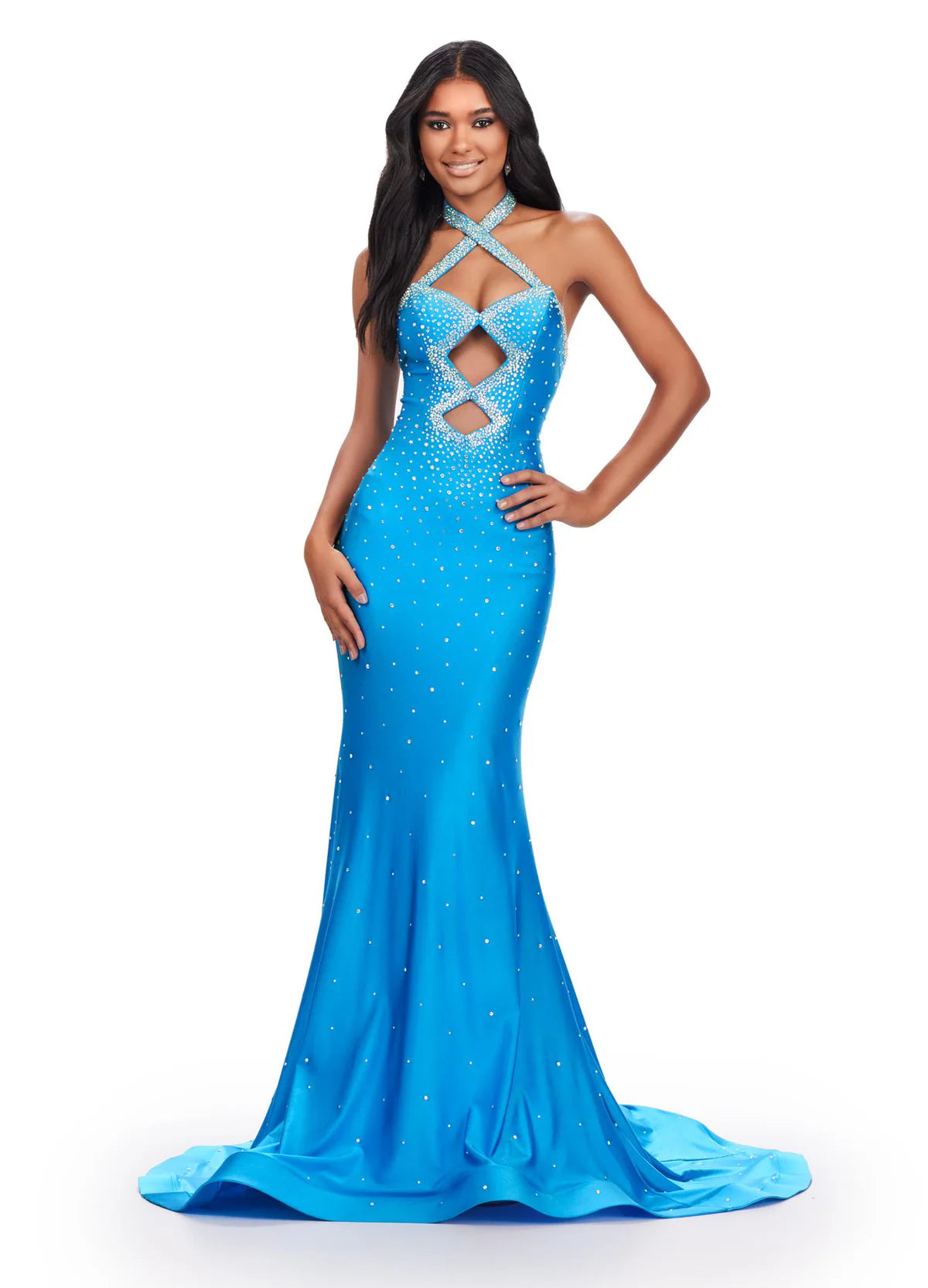 Elegant blue gown with a halter neckline, diamond-shaped cut-outs, and shimmering embellishments for a bold and glamorous statement.