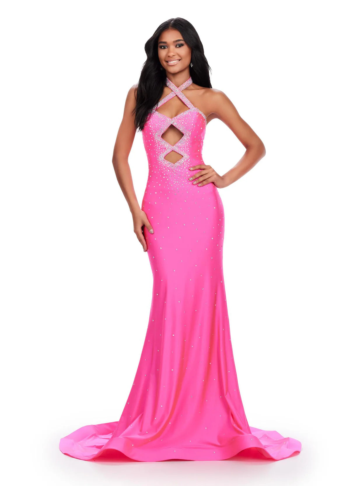 Elegant hot pink gown with a halter neckline, diamond-shaped cut-outs, and shimmering embellishments for a bold and glamorous statement.
