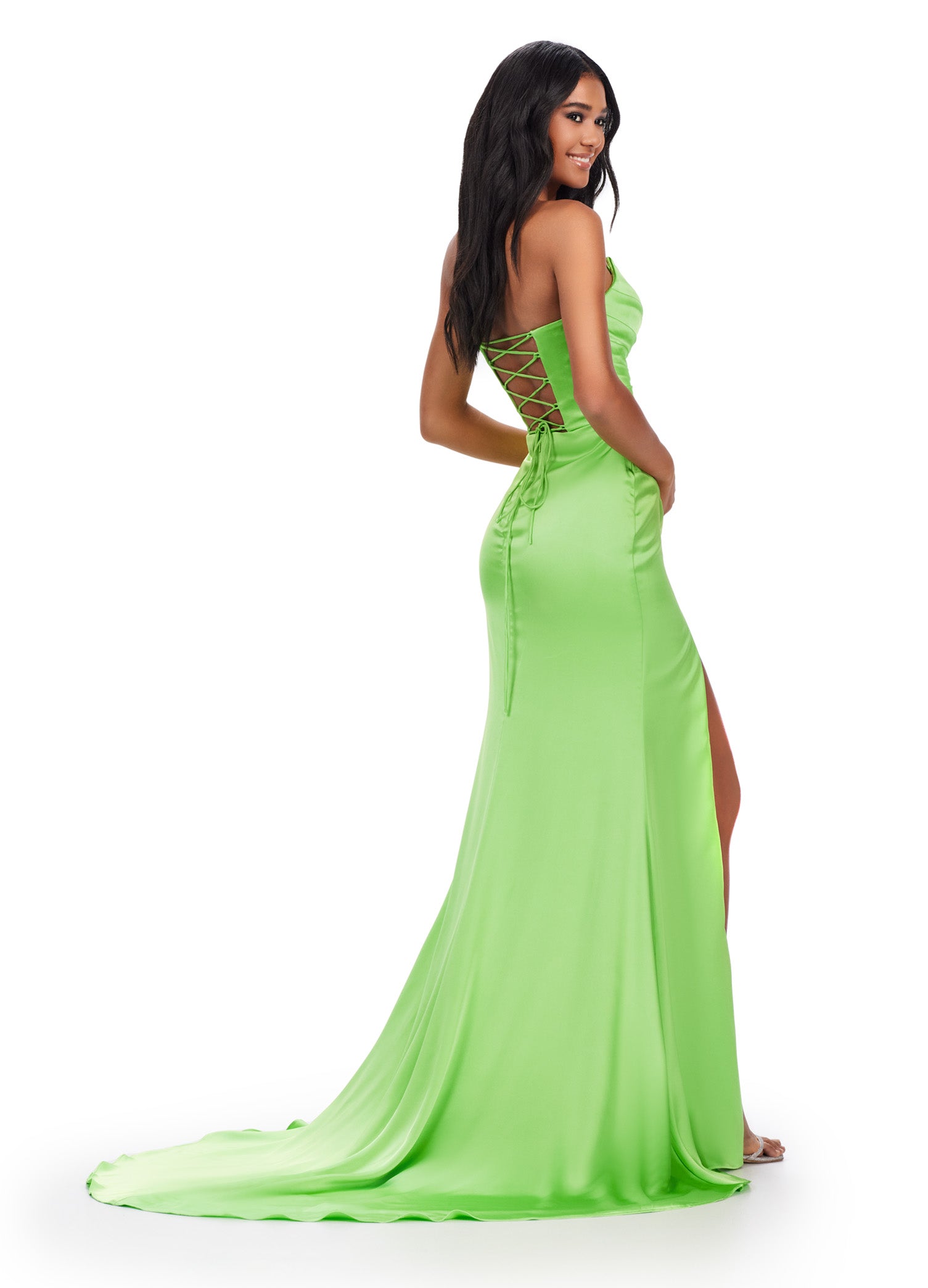 Back View - Green Strapless Gown With Ruched Bodice And Draped Skirt With Thigh Slit