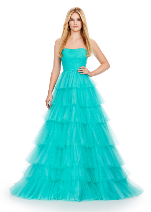 Jade Gown | Aqua strapless tulle ball gown with a fitted bodice, tiered ruffle skirt, and voluminous layers for a statement evening look.
